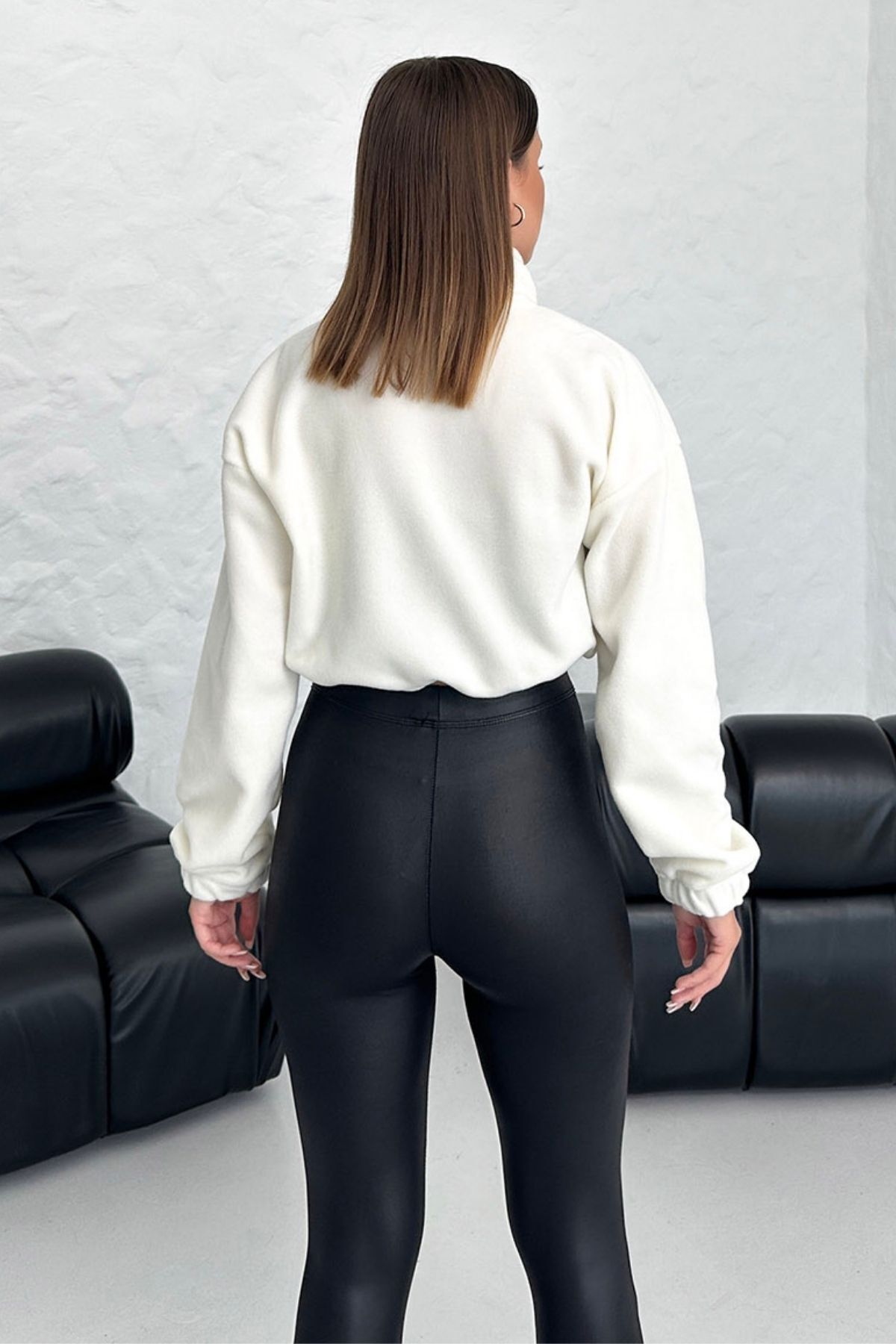 Know-Dámský fleecový kardigan Ecru – oversize, gumový detail v pase a pásek 6
