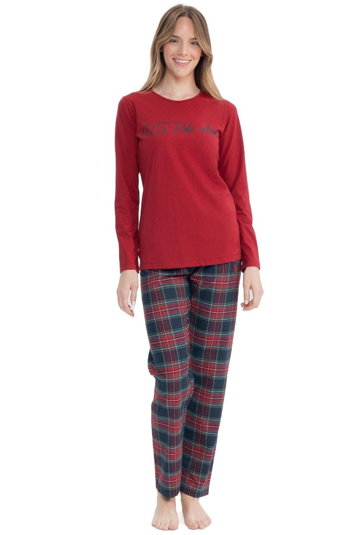 U.S. Polo Assn. Set De Pijamale De Damă Cu Imprimeu În Carouri Bordeaux - 100% Bumbac, Decolteu, Mânecă Lungă Femeie - M
