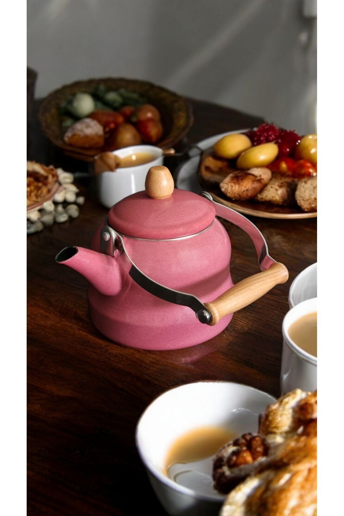 Ahşap Saplı Üstten Tutmalı mevlevi model Vintage Emaye Demlik 2.5 Litre kettle pembe Çaydanlık