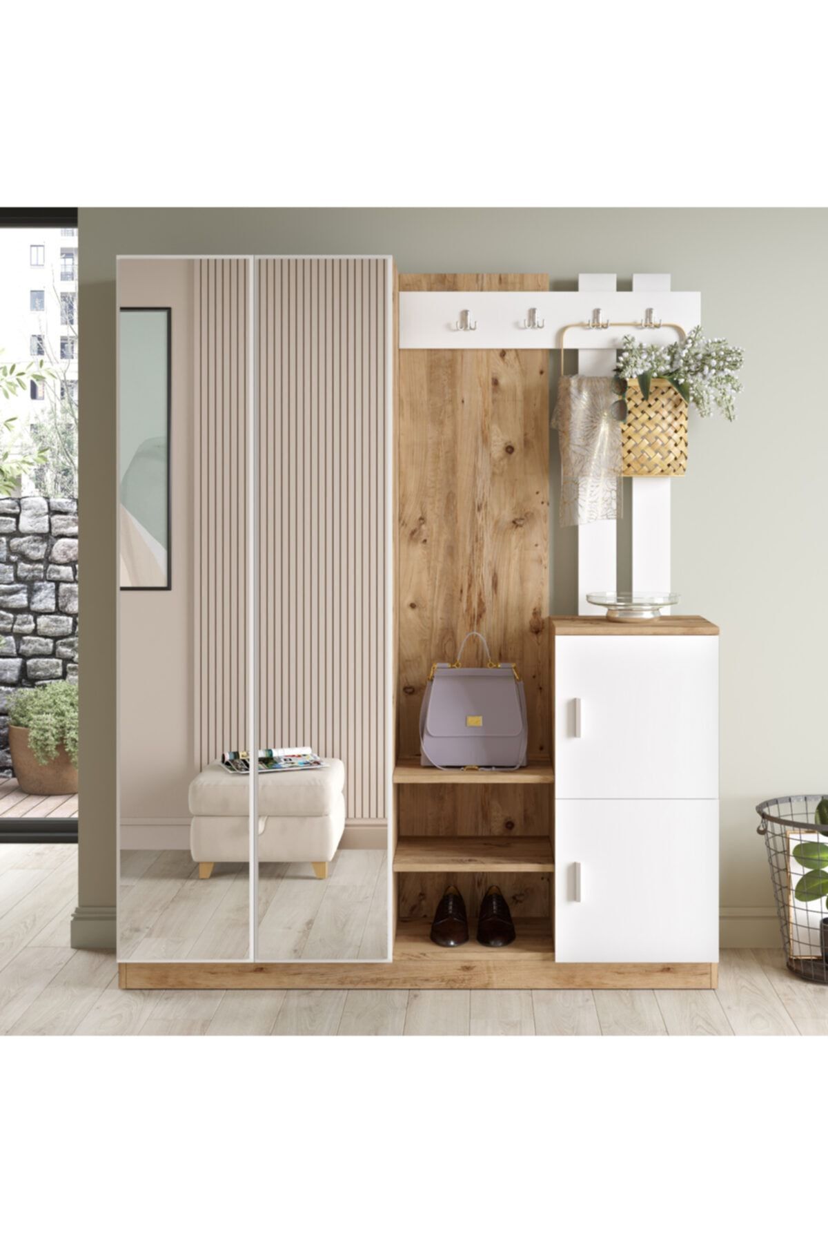 Sofia Mirrored Cloakroom Coat Rack Shoe Holder White