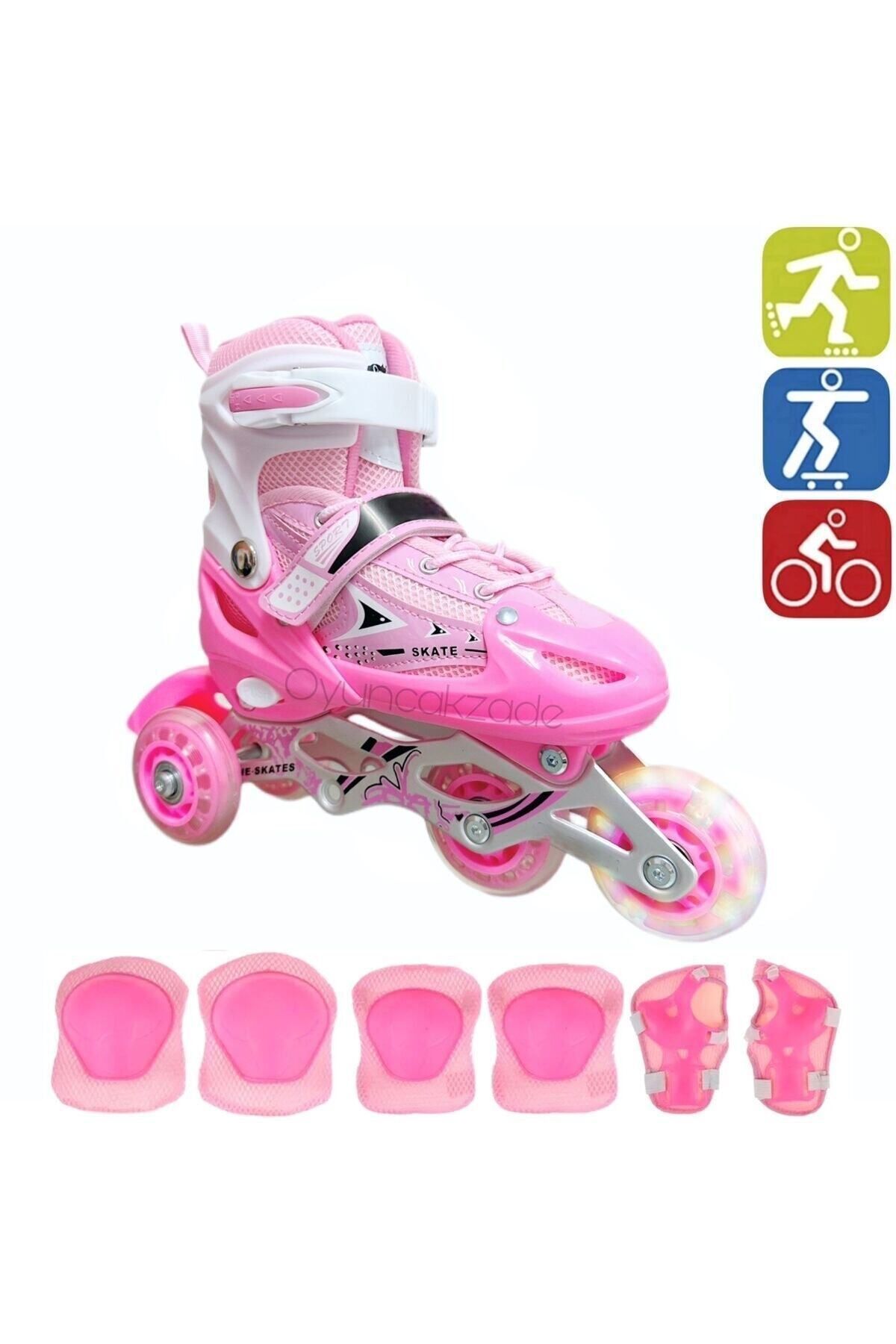 OyuncakZade Pembe Paten Çift Sıra Ayarlanabilir Işıklı Alüminyum Gövde Alıştırma Pateni + Koruyucu Dizlik Seti