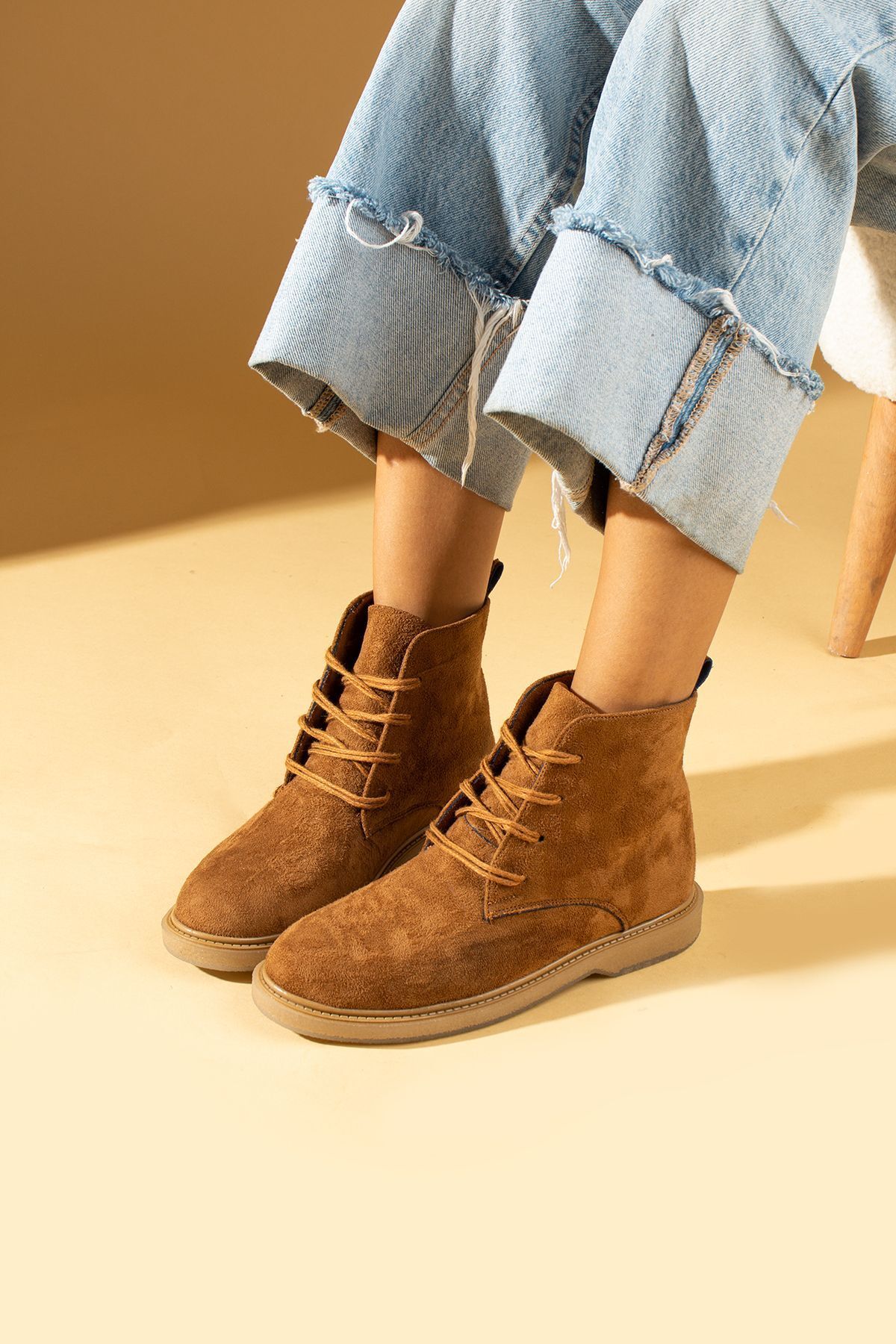 Pembe Potin Women s Tan Suede Lace up Comfortable Thermo Sole Daily Warm Lining Lace up Boots Trendyol