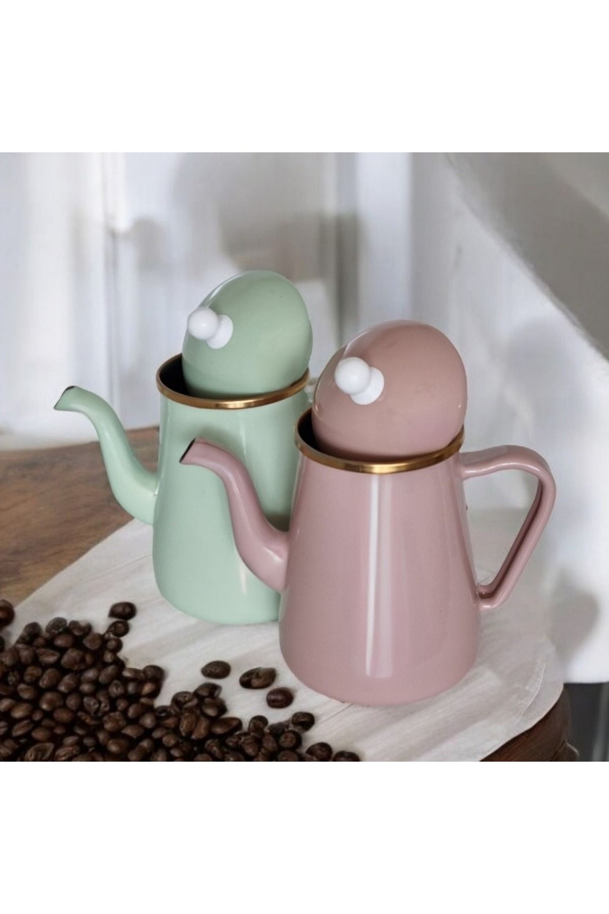 Emaye Sürahi Cezve 1.5 Litre Vintage Retro Kahve Sütlük Yağ Şerbet Sunum Demliği Pembe Yeşil 2li