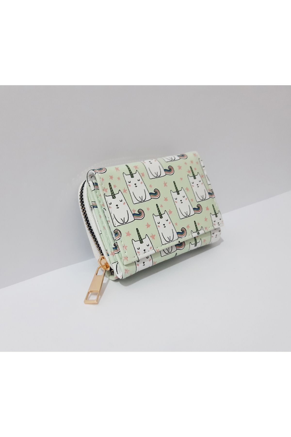 renkli çiçekler-Light Green Cat Patterned 11x8 CM Children's Wallet 1
