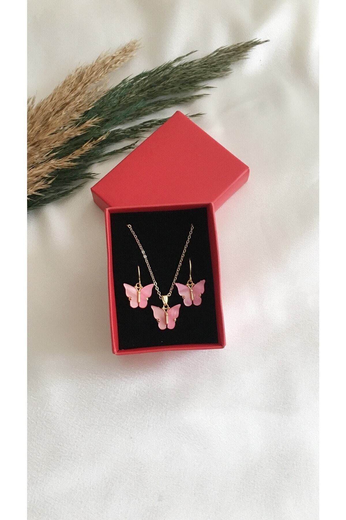 Gizemli Aksesuar Kadın Pembe Renk Kelebek Kolye Ve Küpe Seti