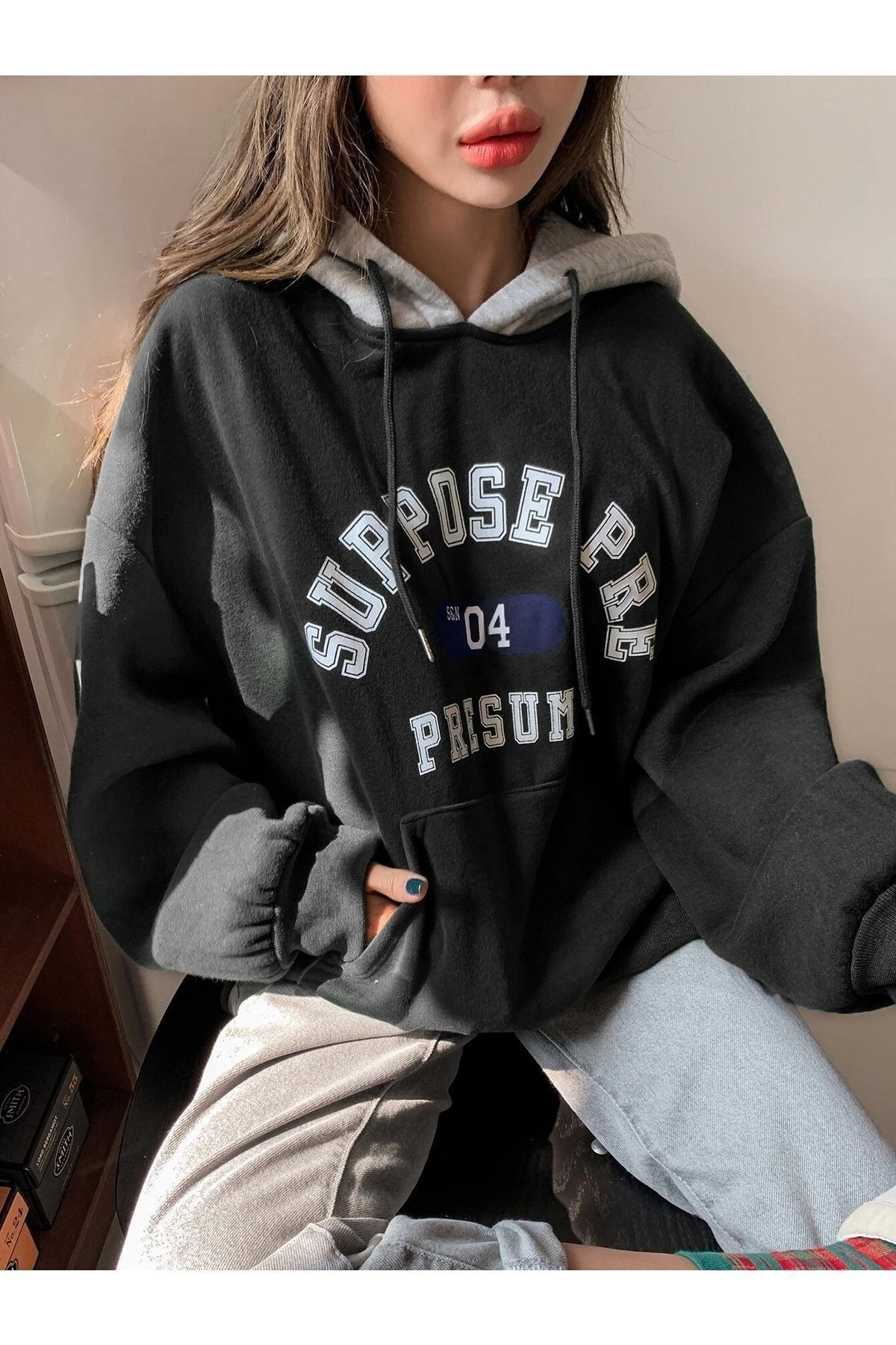 Trendseninle Kad n Siyah Suppose Bask l Oversize Sweatshirt