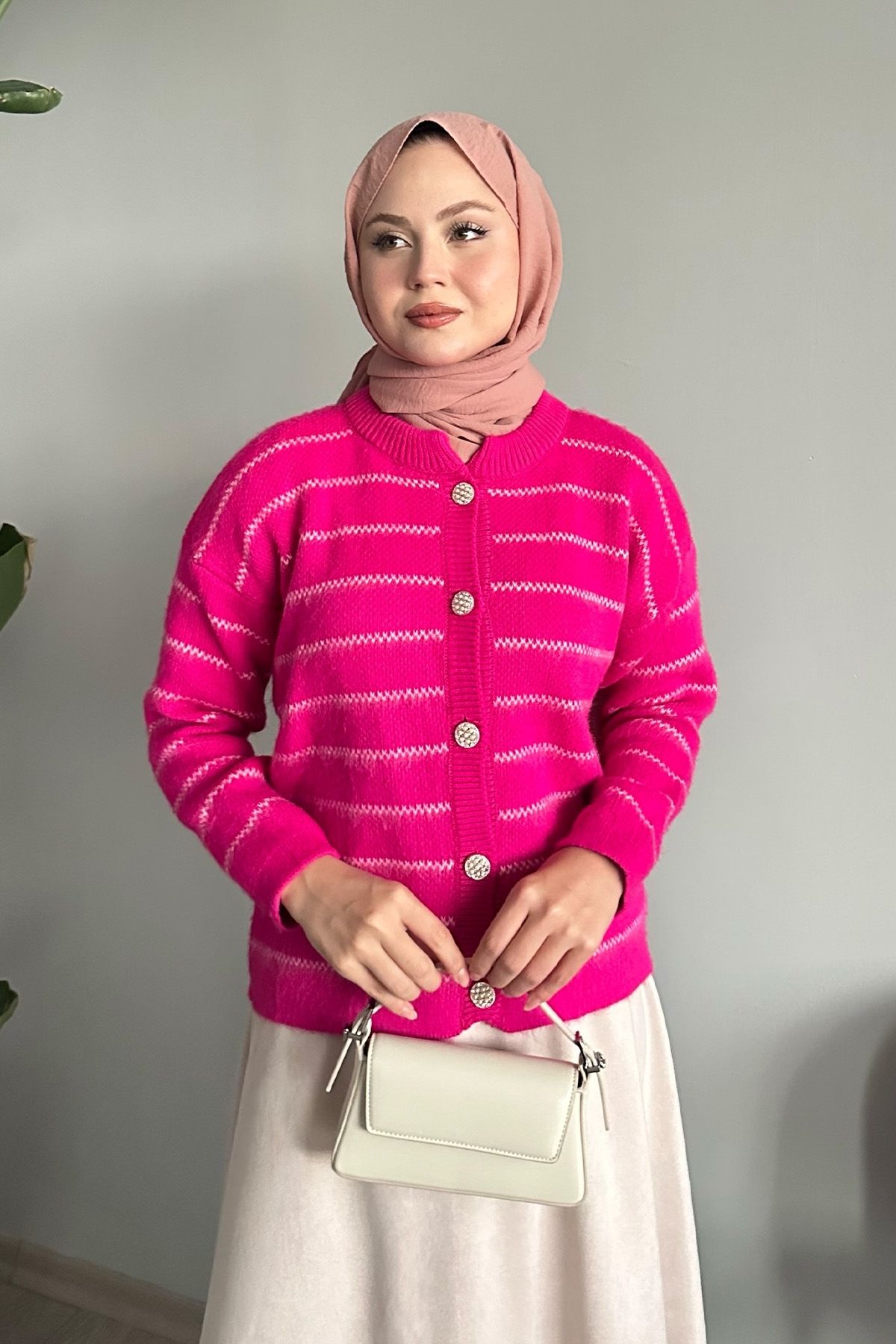InStyle-Fuchsia Knitwear Cardigan - Thin Stripe Detailed 5