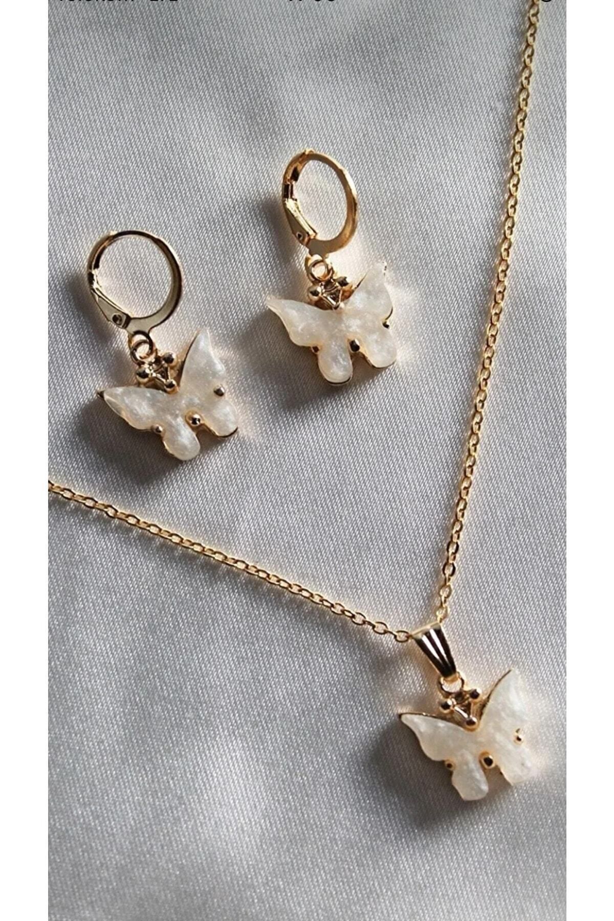 Gizemli Aksesuar Kadın Ekru Kelebek Kolye Küpe Set