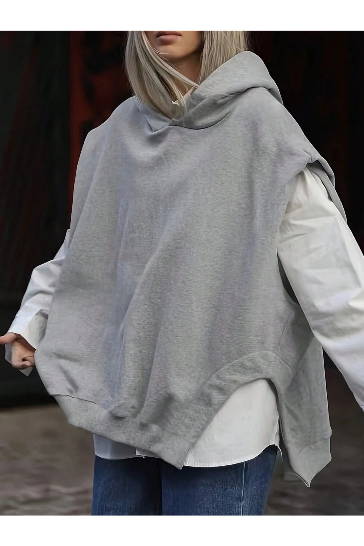 Trendseninle Women s 3 Thread Gray Sleeveless Slit Hooded Sweatshirt Trendyol