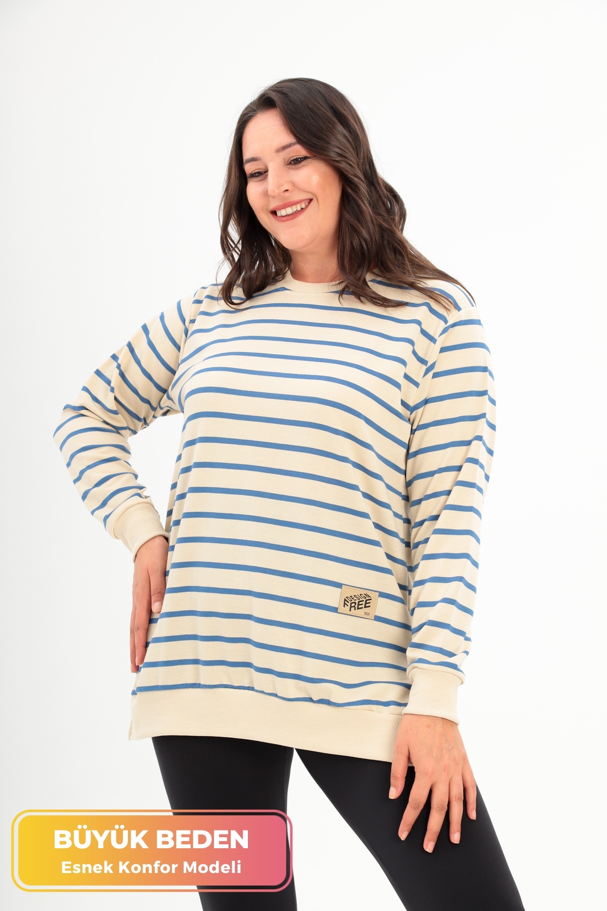 tarzımsüper Büyük Beden Yeni Sezon Esnek Konfor Modeli Yumuşak Kumaş Çizgili Uzun Kollu İki İplik Penye Tunik