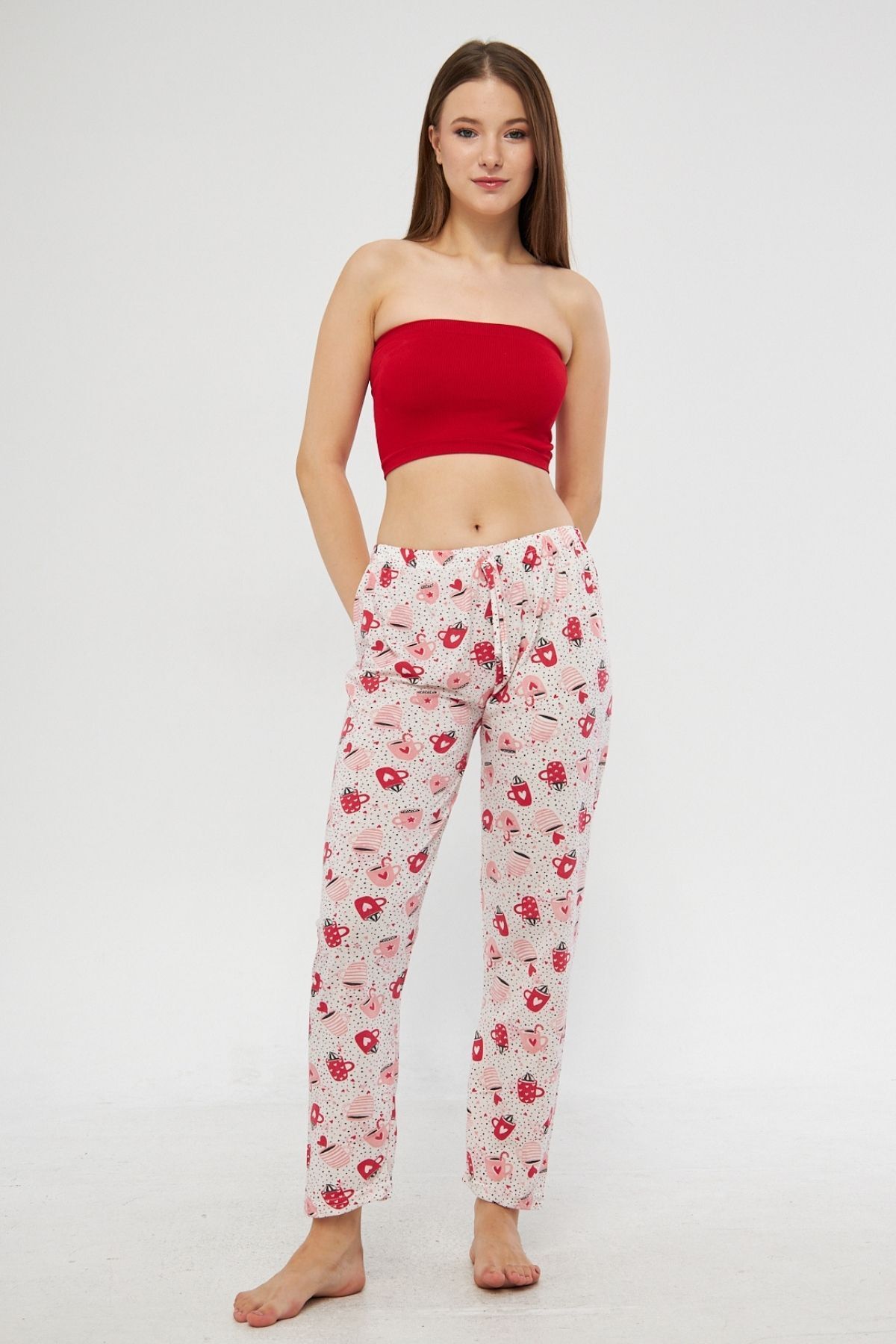 Oyga-Pantaloni de pijama de damă cu panglică cu model - Îmbrăcăminte casual pentru acasă 1