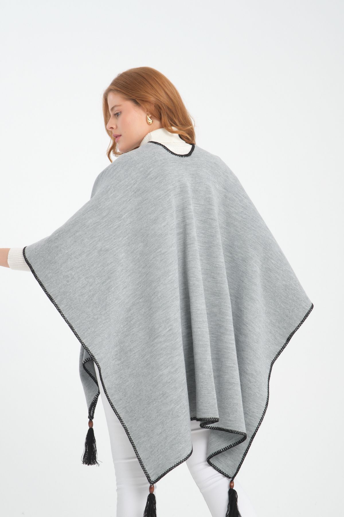 VEGA MODA-Stylish Designed Plain Knitwear Poncho - Patternless Shawl Poncho with Button Detail 4