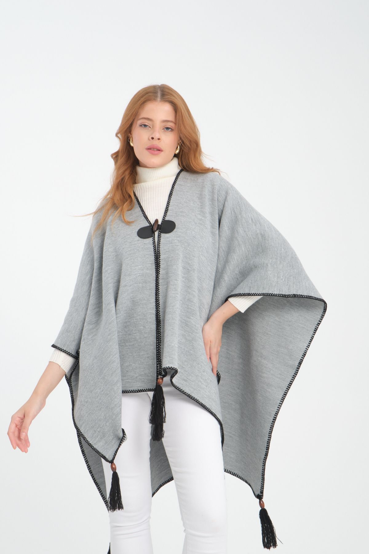 VEGA MODA-Stylish Designed Plain Knitwear Poncho - Patternless Shawl Poncho with Button Detail 3