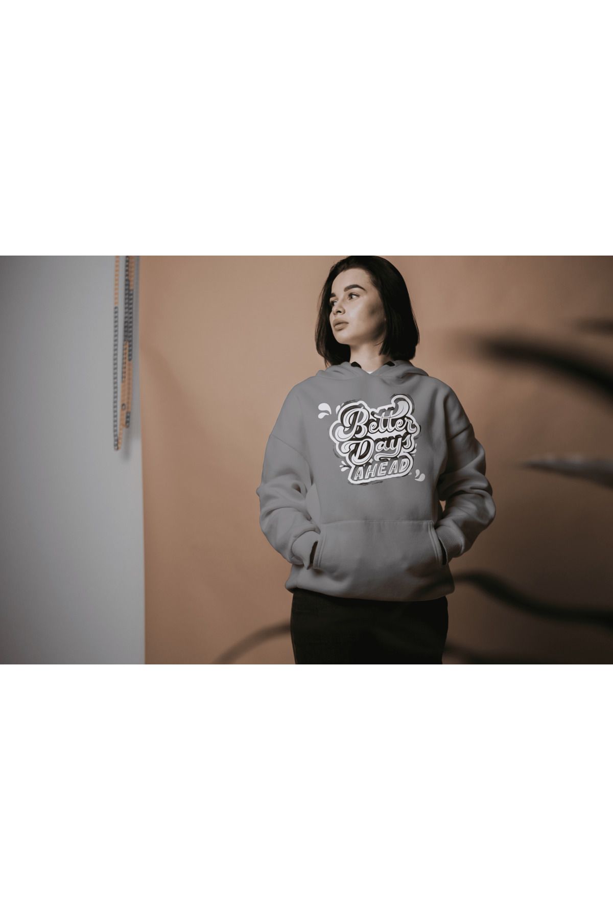 LAND MODA gri - baskili kapşonlu oversize sweatshirt