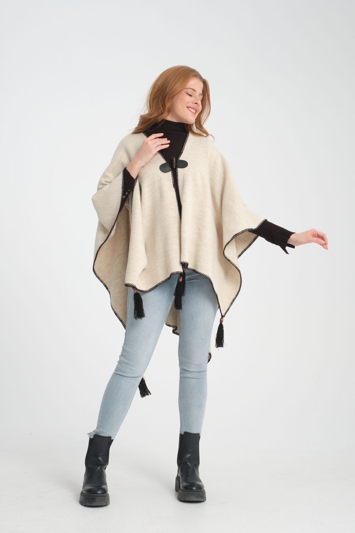 VEGA MODA-Stylish Designed Plain Knitwear Poncho - Button Detailed, Patterned and Interlock 6