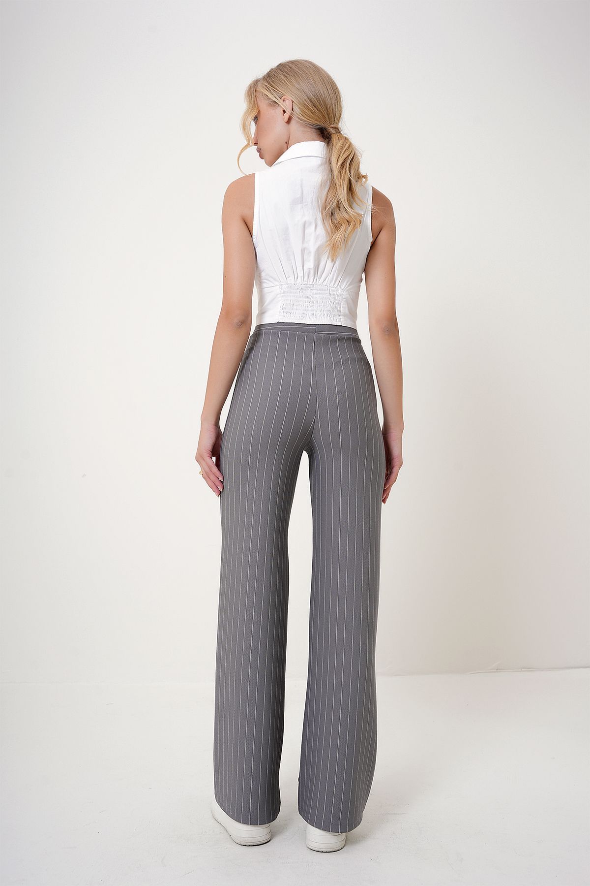 Trend Alaçatı Stili-Gray Striped Elastic Waist Women's Trousers - Wide Leg ALC-X12522 6