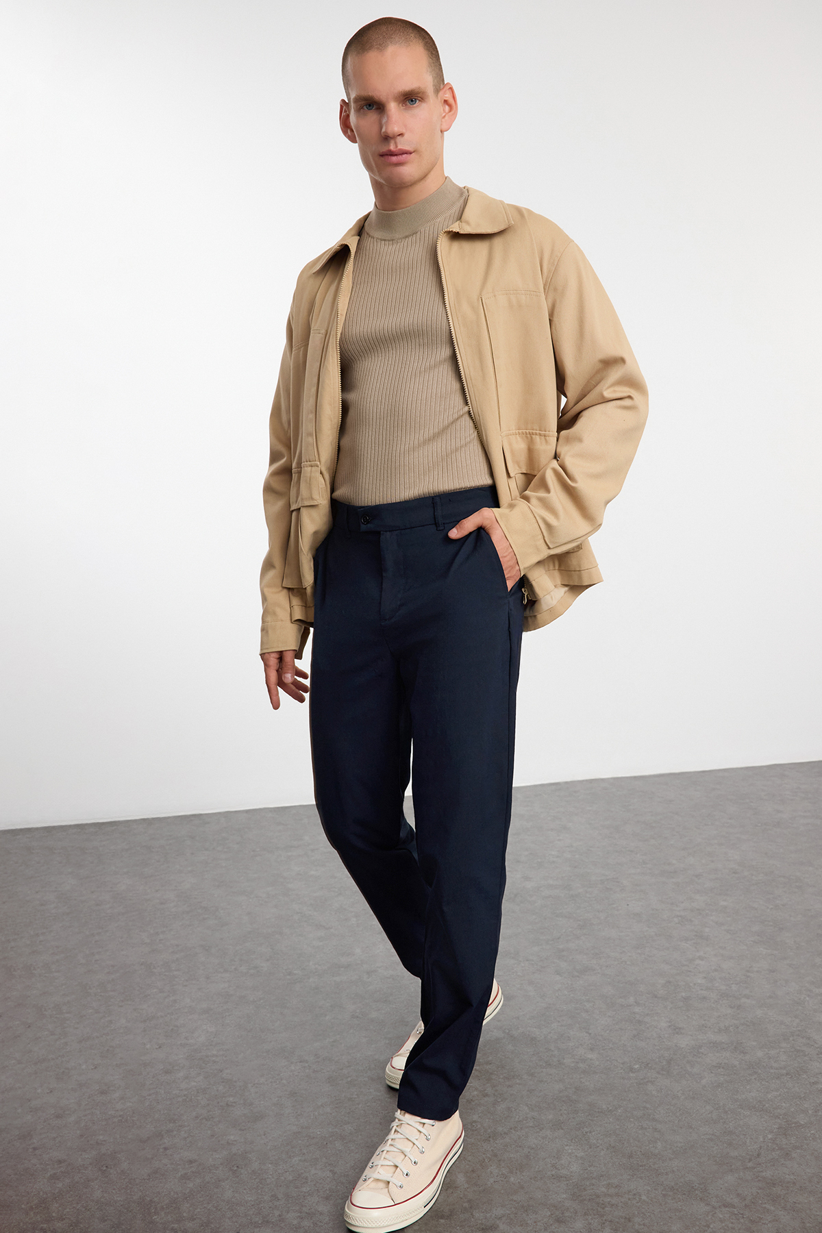  Trendyolmilla Man Lacivert Gri Slim Fit ?talyan Kesim Chino Kuma? Pantolon