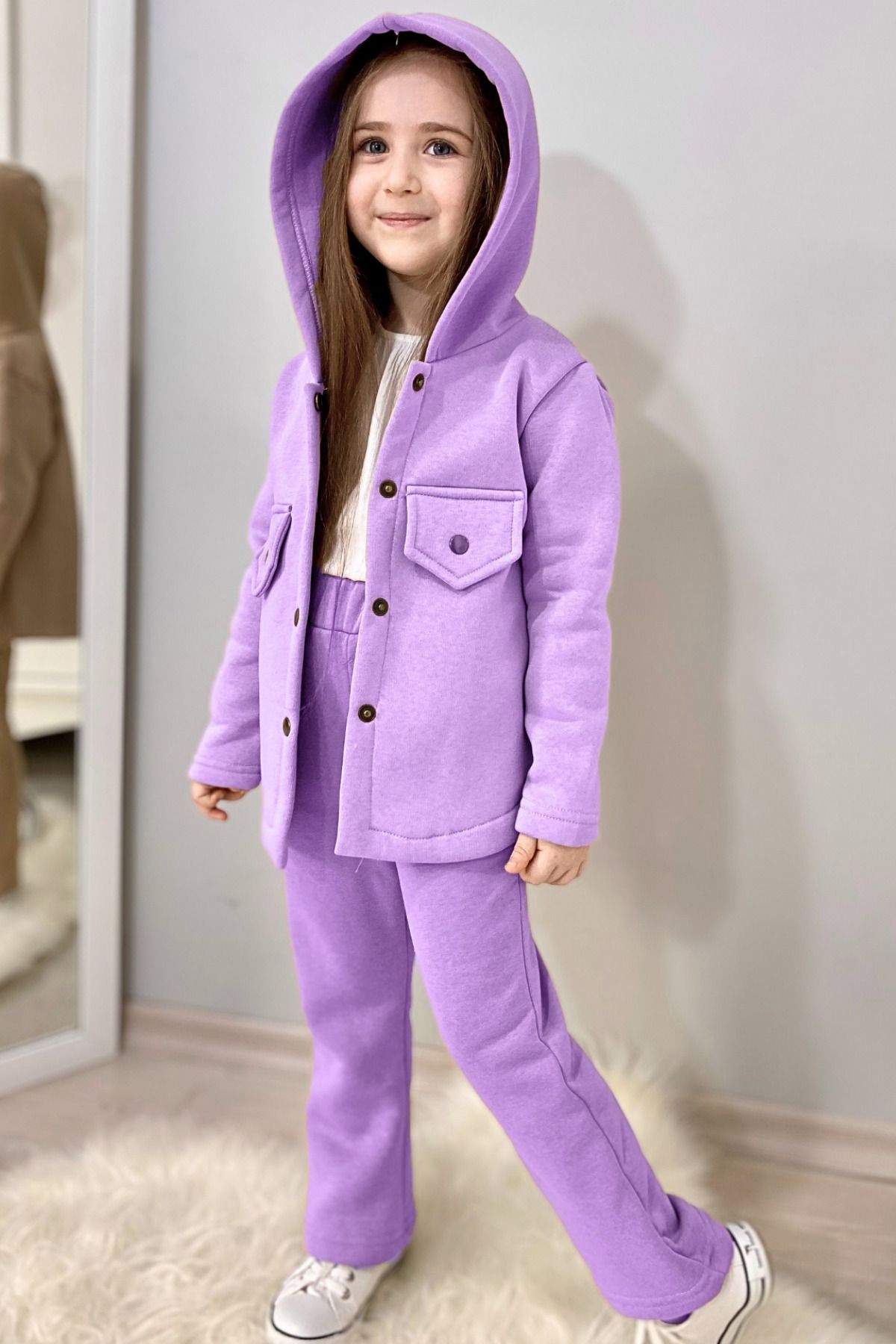 ELAFOR-Set de trening pentru fete cu fleece în interior, 3 fire, pantaloni groși de iarnă cu picioare largi și jachetă 2