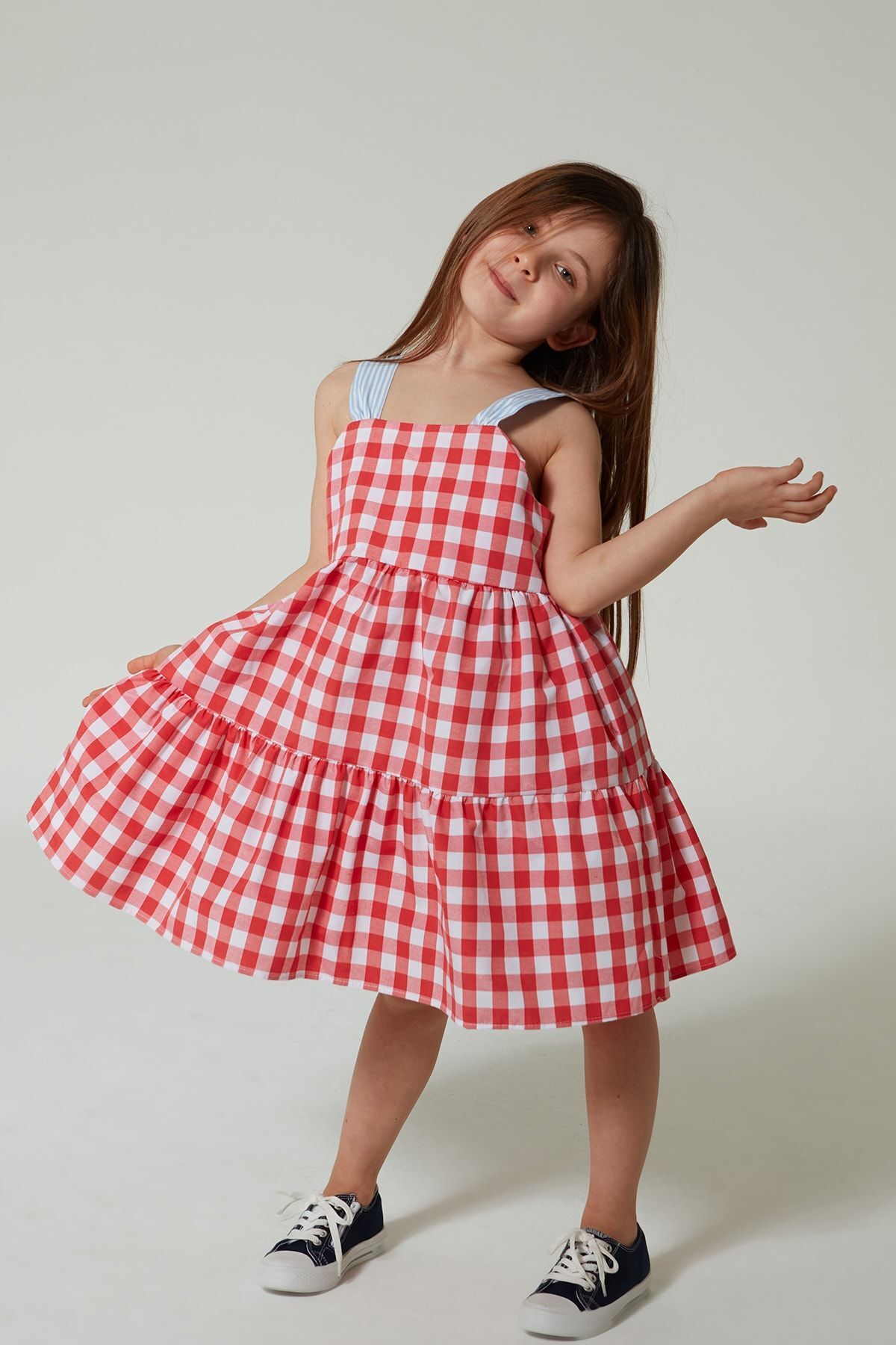 Colorinas-Rochie de fetiță cu model în carouri Heidi, cu fustă cu volane și fundă 4