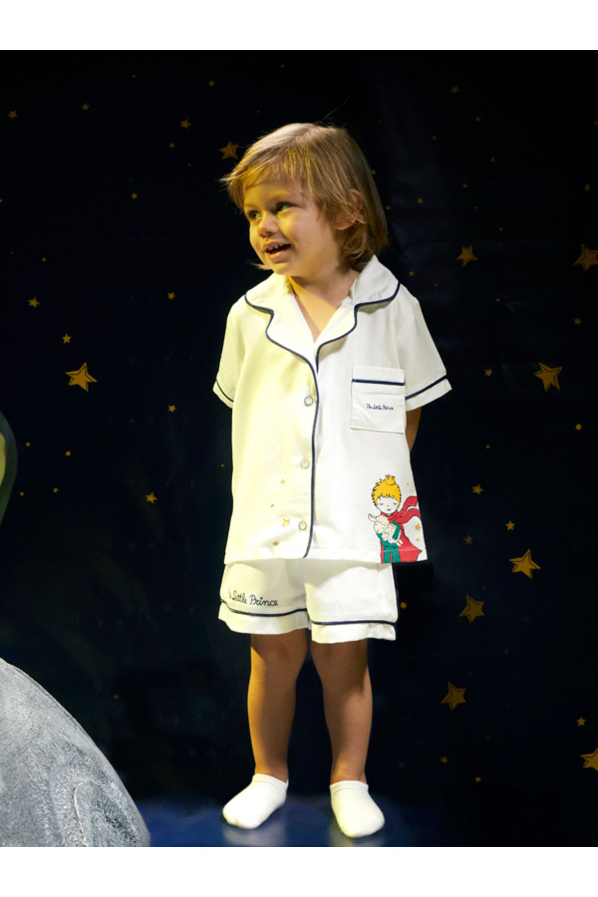 Maya And Luca-Boy's White Satin Pajama Set - Little Prince Patterned, Apache Collar 6