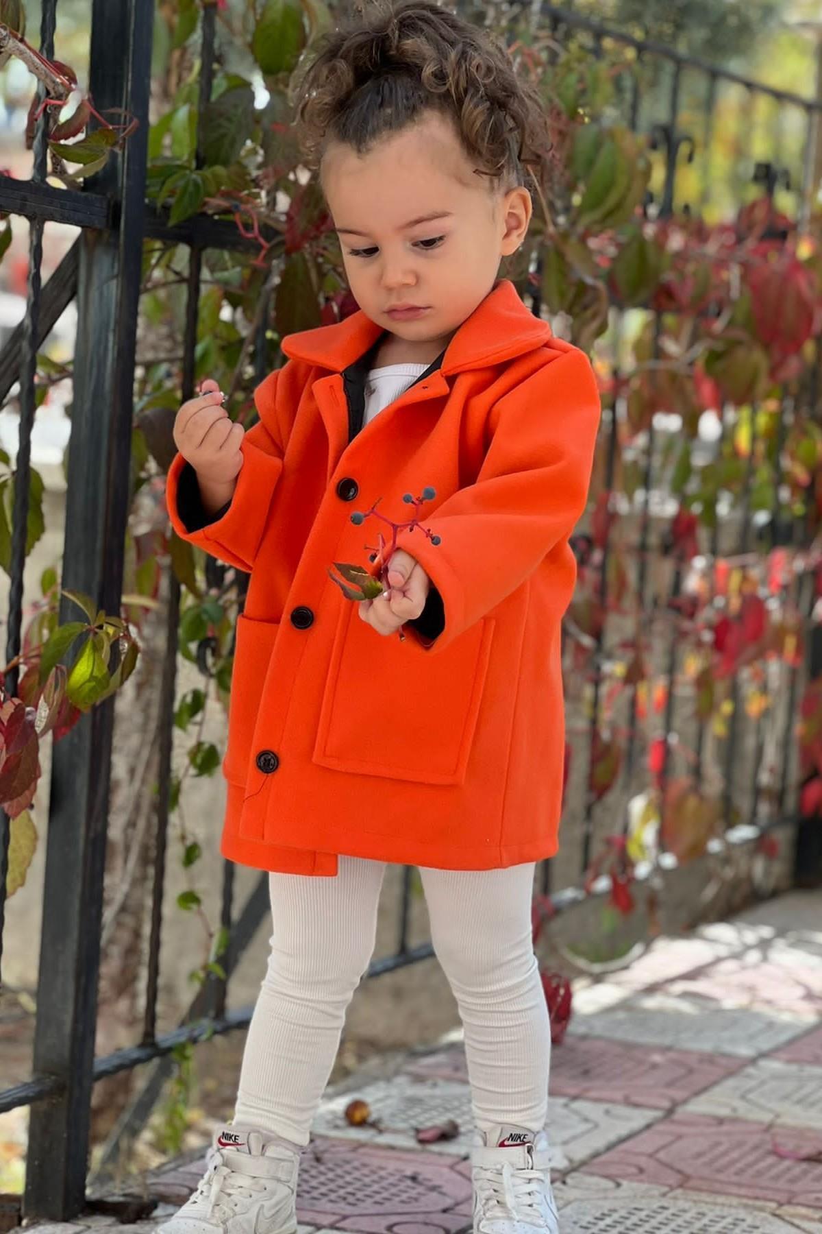 meqlife Kız Çocuk Kışlık Kaşe Kaban - Orange fotoğrafı 3 (önizleme)