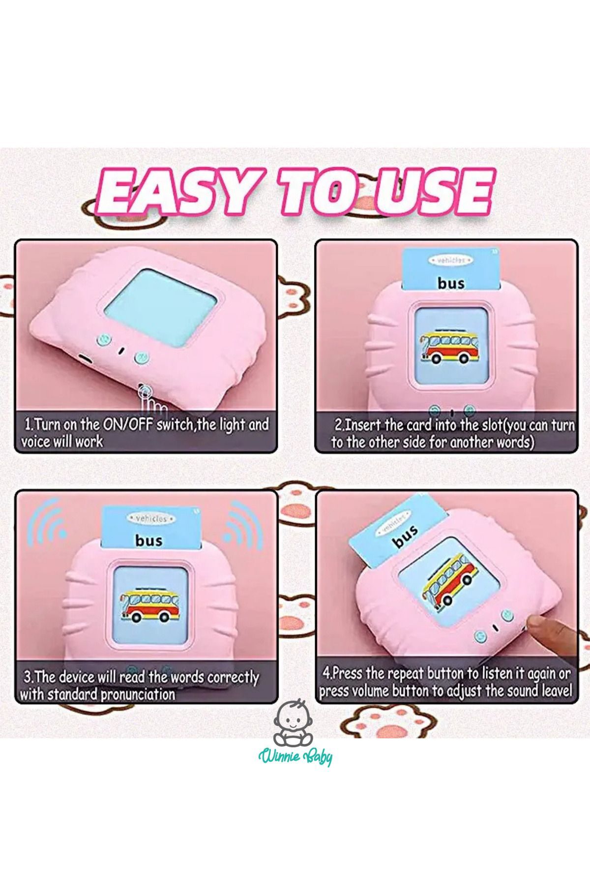 Winnie Baby Erken Eğitim İngilizce Konuşan Sesli Flash Kartları 112 Kart 224 Görsel Pvc Kart Pembe fotoğrafı 5 (önizleme)