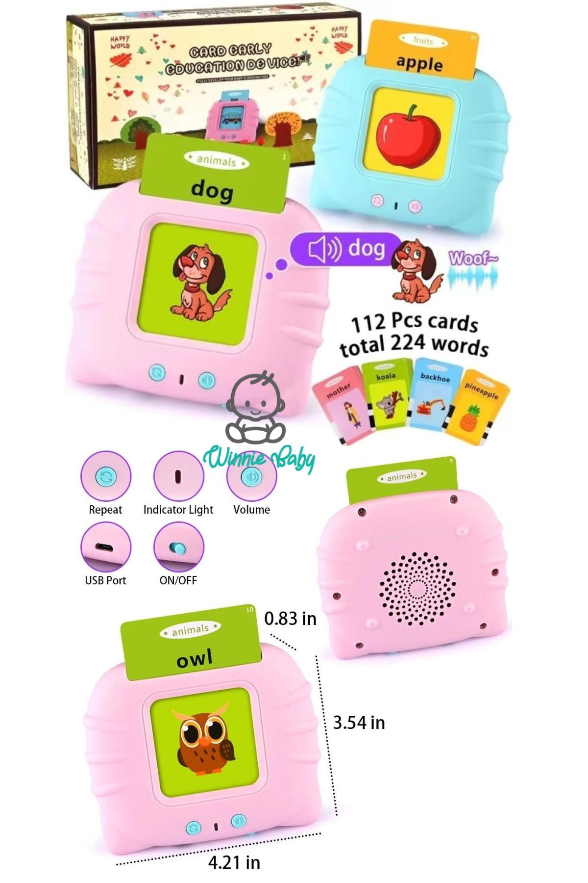 Winnie Baby Erken Eğitim İngilizce Konuşan Sesli Flash Kartları 112 Kart 224 Görsel Pvc Kart Pembe fotoğrafı 2 (önizleme)