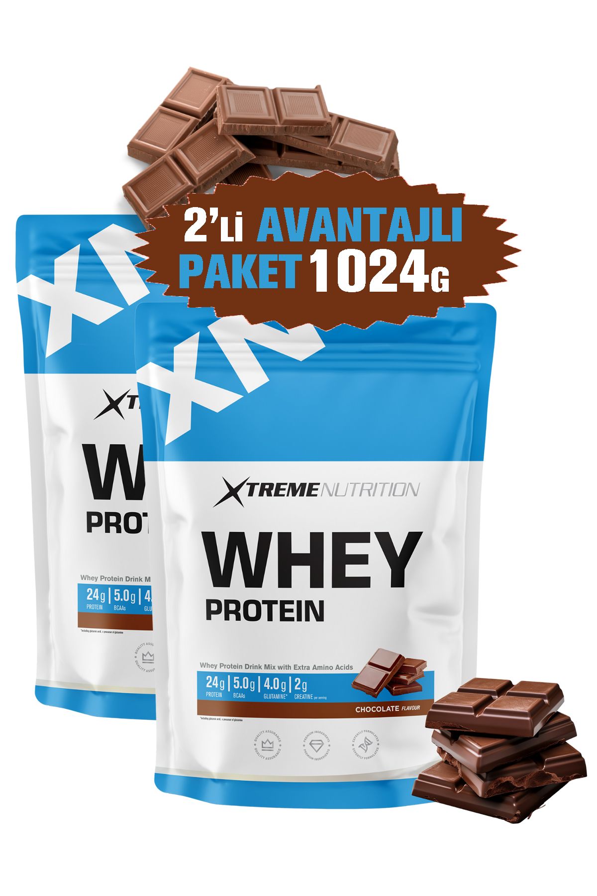 Whey Protein Tozu - 512 G x2 Adet= 1024 G - Çikolata - 32 Servis(5g BCAA +4g GLUTAMINE +2g CREATINE)