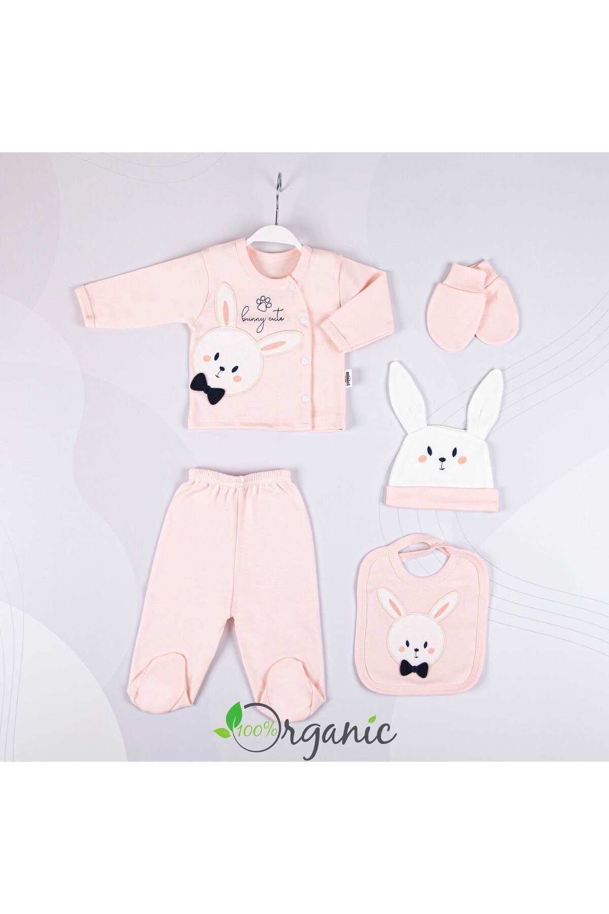 Miniel Kız Bebek Papyonlu Tavşan Nakışlı 10'lu Organik Yenidoğan Bebek Hastane Çıkış Seti - Somon fotoğrafı 3 (önizleme)