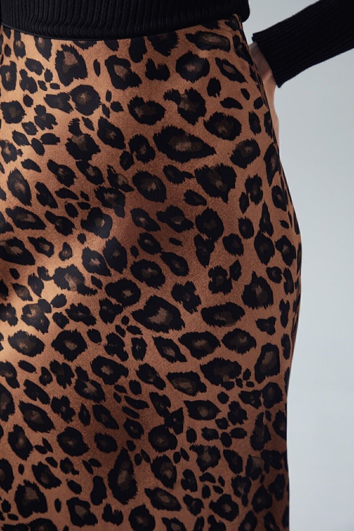 Leopar Desen Saten Midi Boy Kahverengi Etek