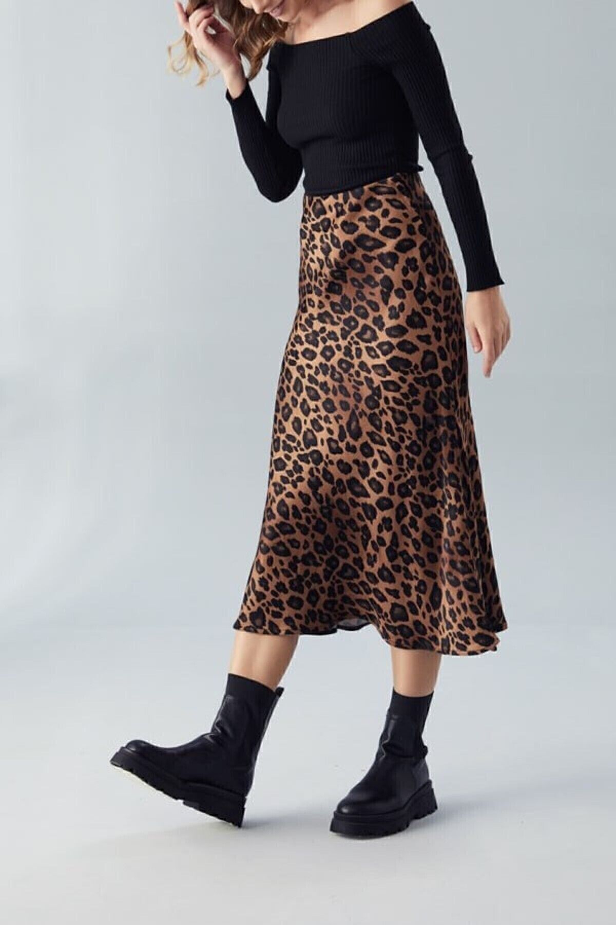 Leopar Desen Saten Midi Boy Kahverengi Etek