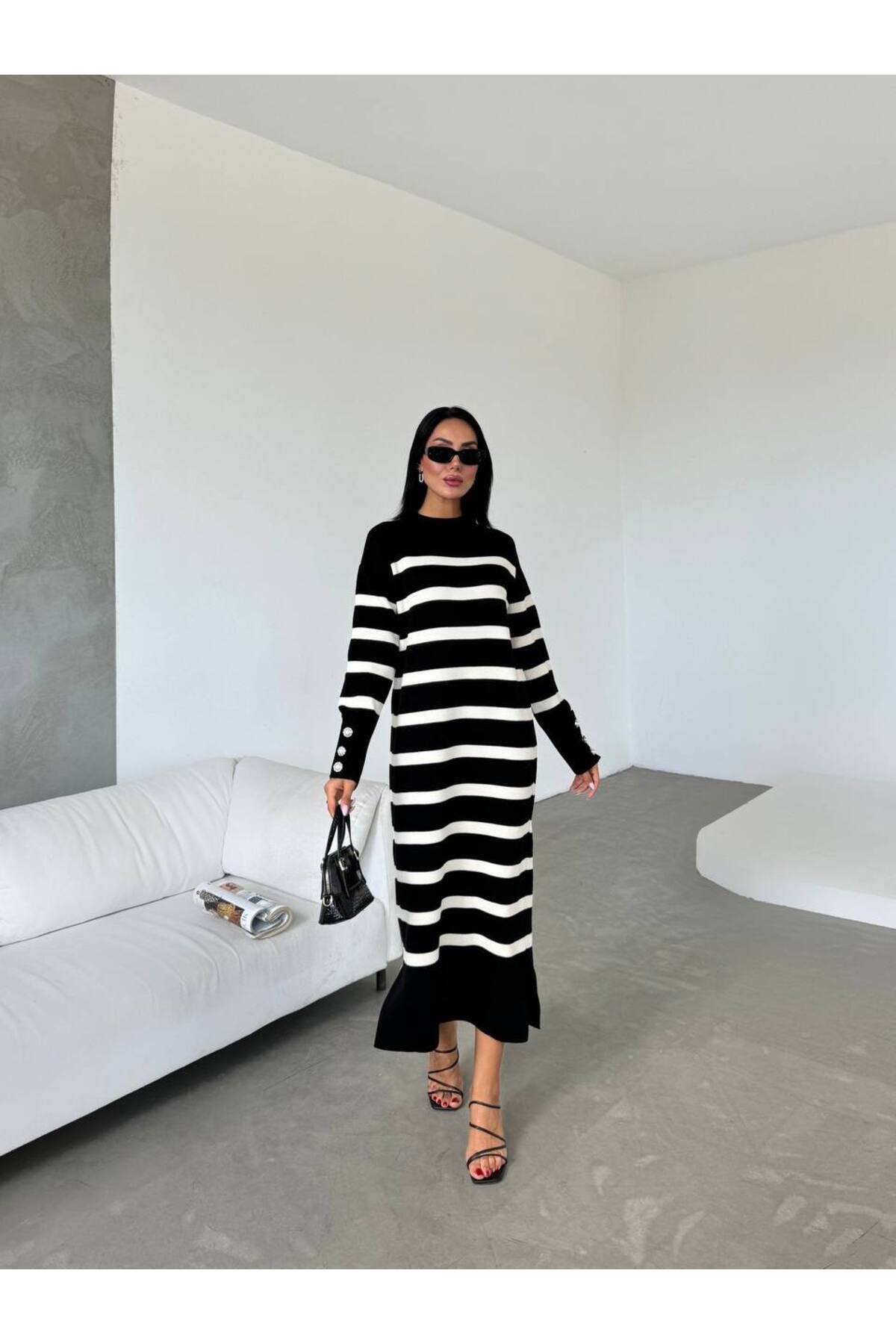 Women's Black Cufflink Detailed Long Sleeve Striped Long Dress