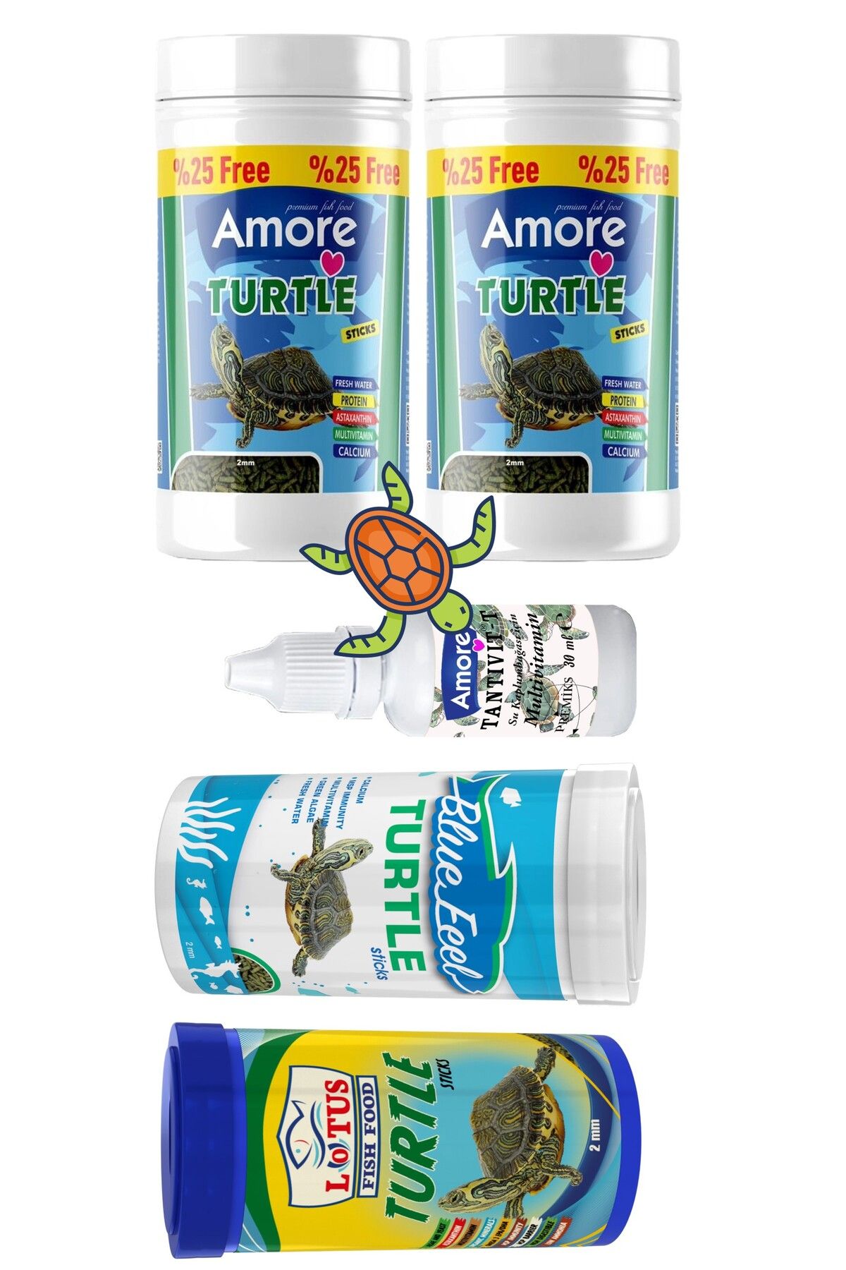 AMORE Su Kaplumbağası Yüzen Yemi 2x125ml, Bluefeel 100ml, Lotus Turtle Sticks 100ml, Multivitamin