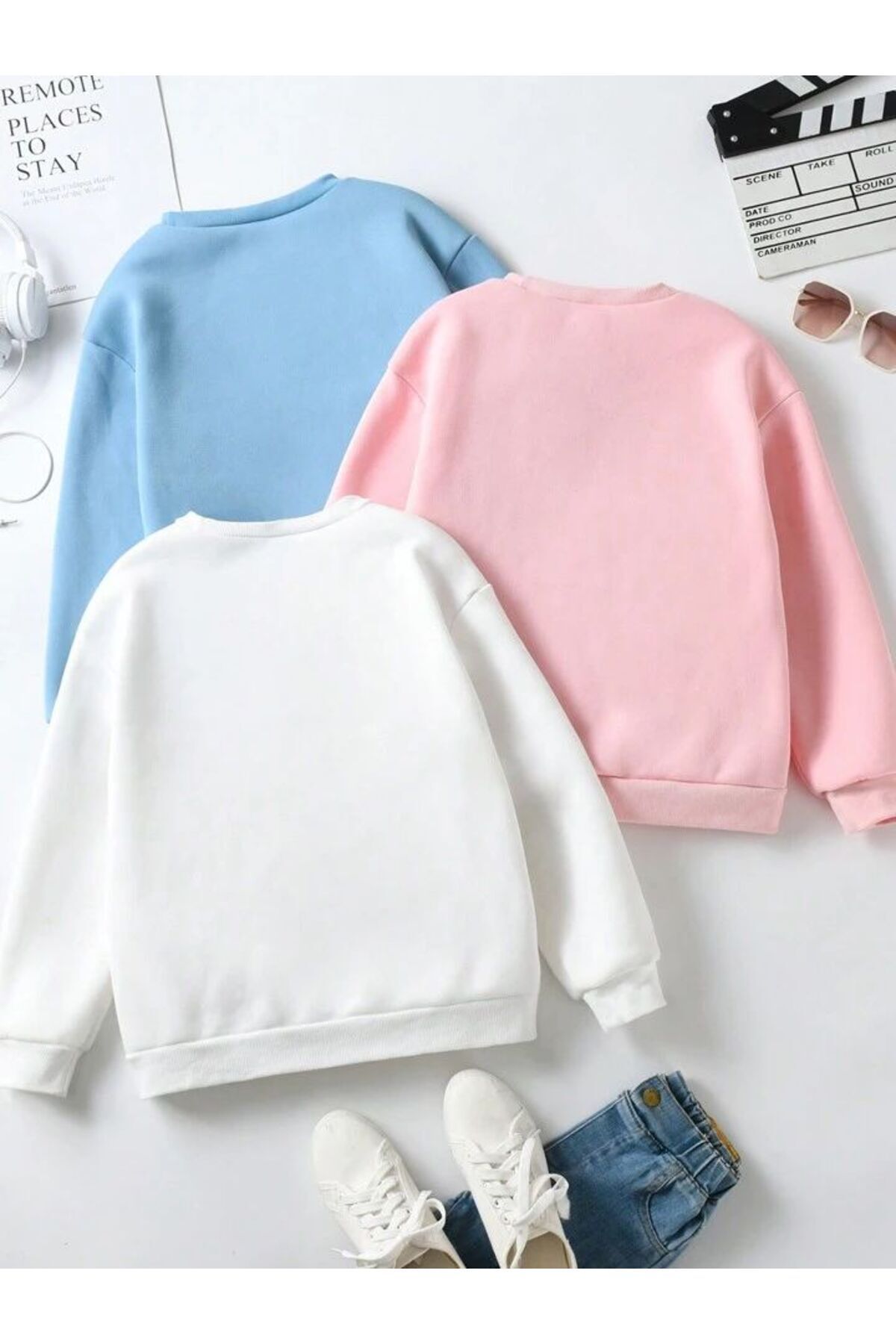 Kız/erkek Çocuk 3lü Paket beyaz,pembe,bebe Mavi Baskılı Sweatshirt