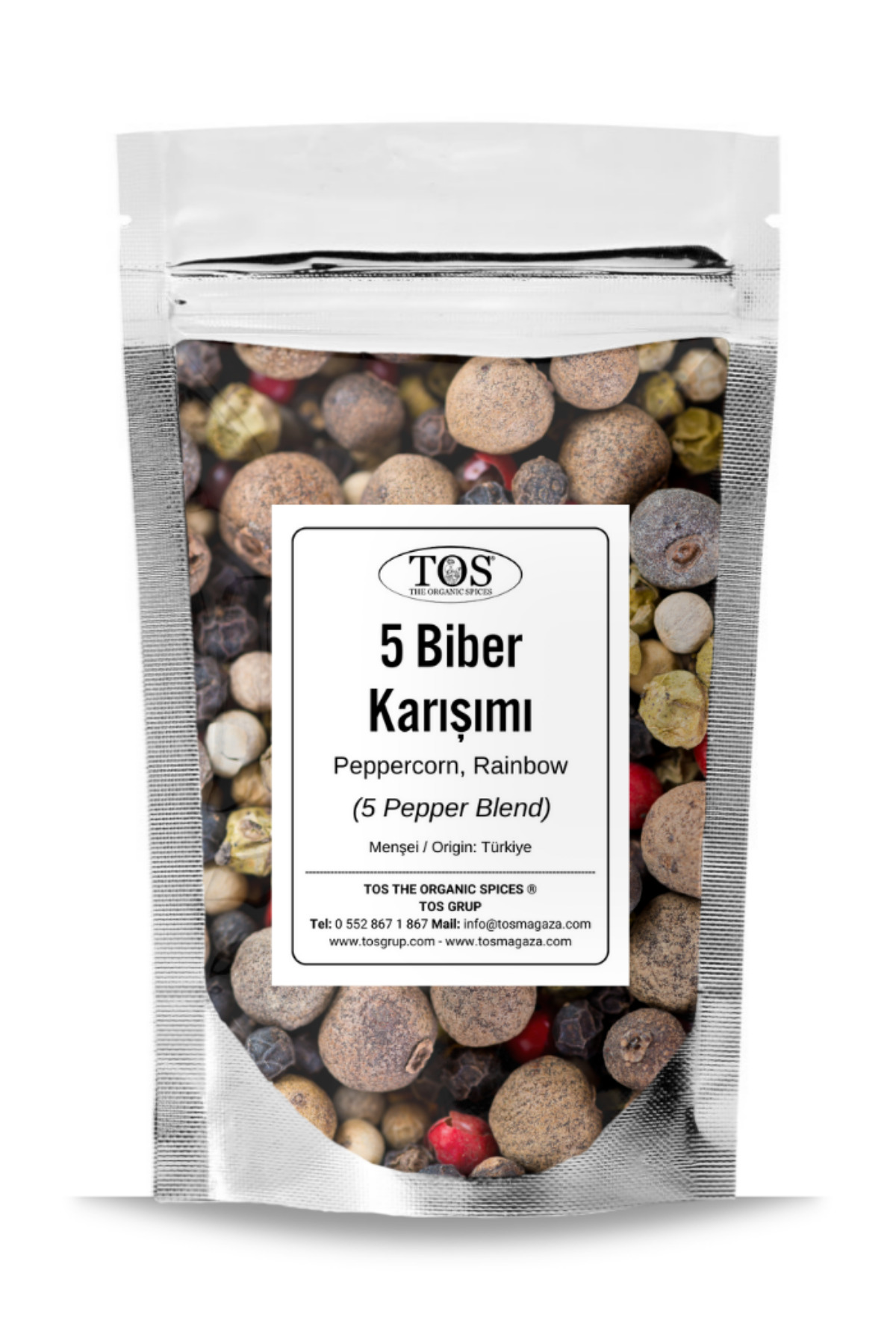 TOS The Organic Spices 100 Gr 5 Pepper Mix - 1St Quality Piper Nigrum / Peppercorn, 5 Pepper Blend