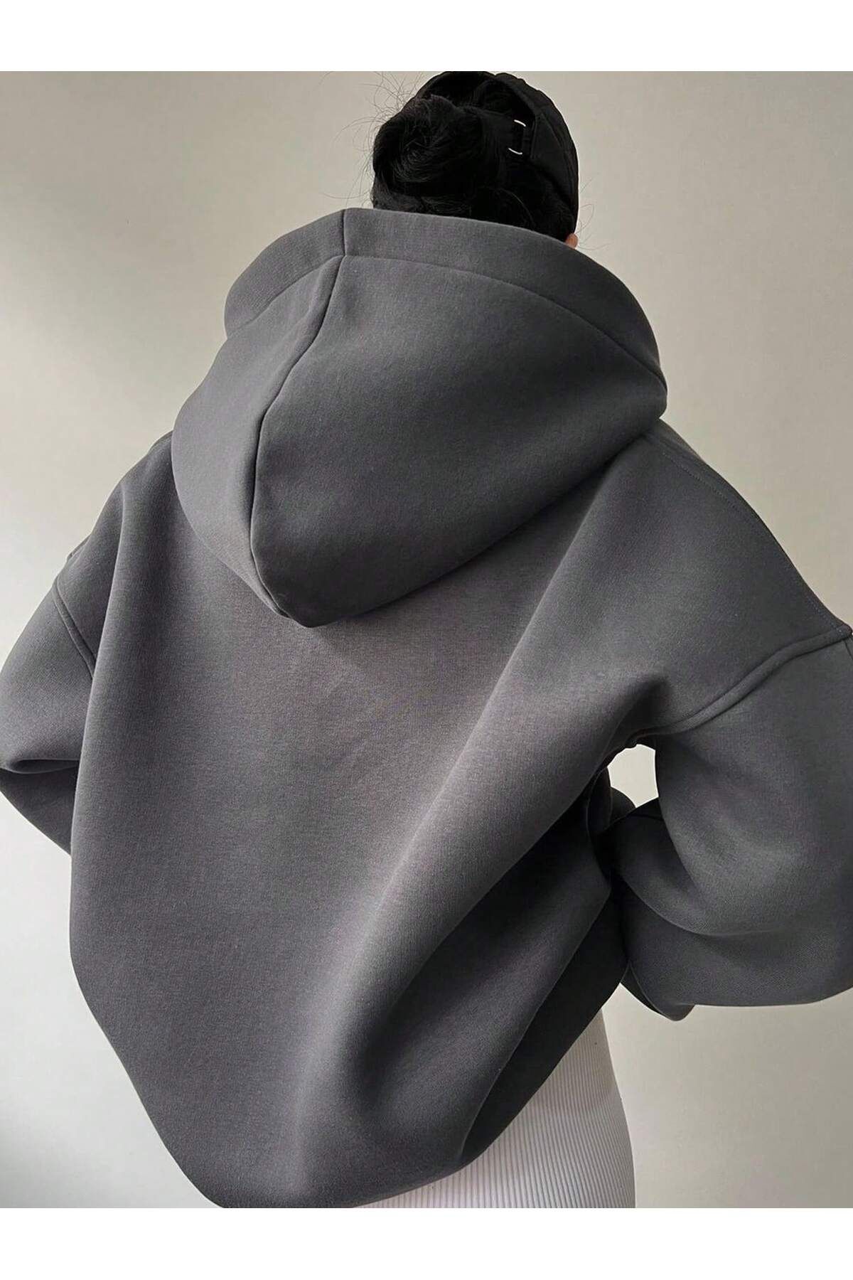 Deocept  Unisex V-Yaka Kapüşonlu Basic Kol Baskılı Oversize Swetshirt - Görsel 2