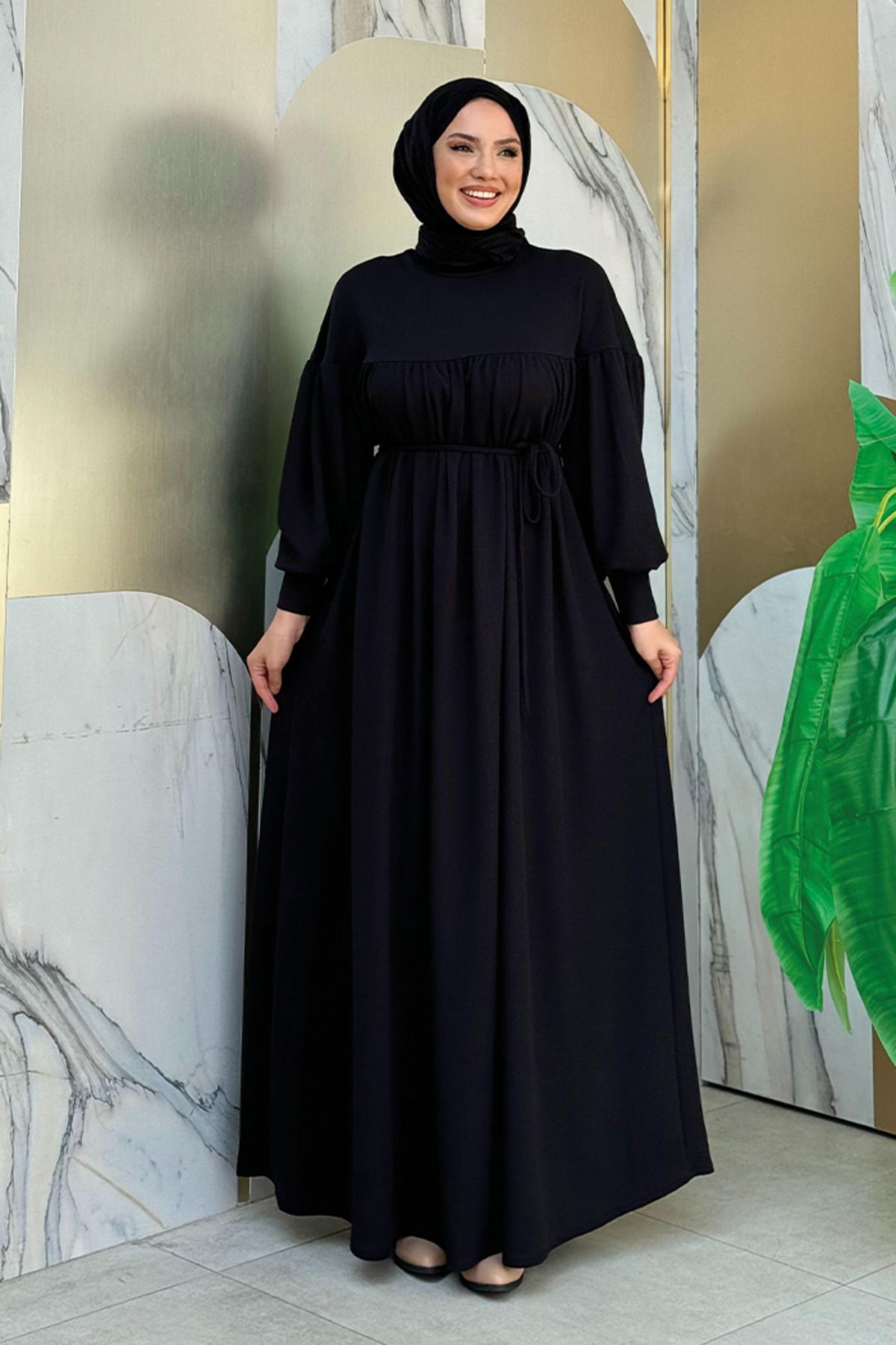 Bym Fashion-Black Knitted Dress - Robe Gathered, Model 6019 1