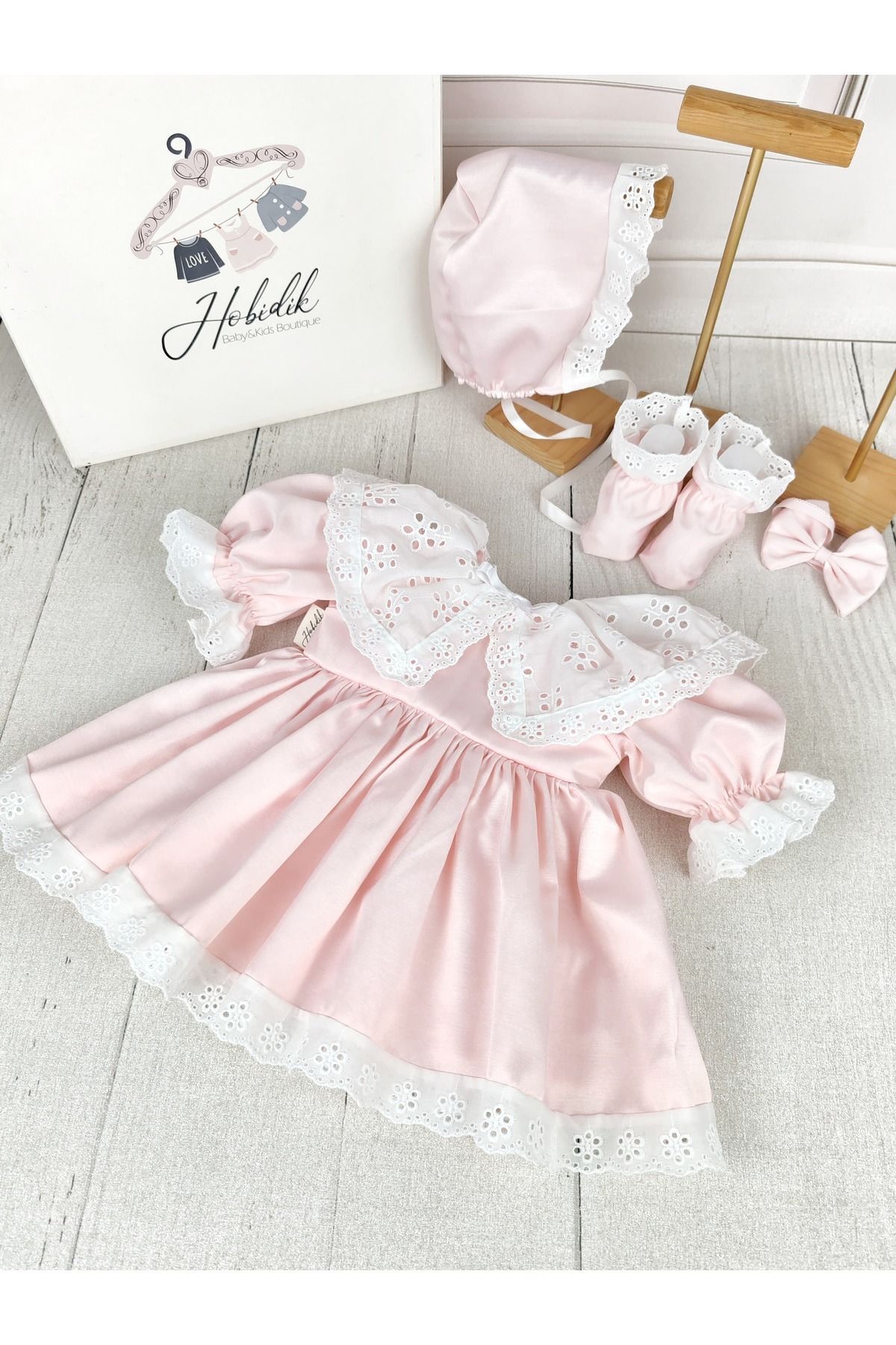 Hobidik Pink Mevlut and White Scallop Collar Baby Kids Dress Set Trendyol