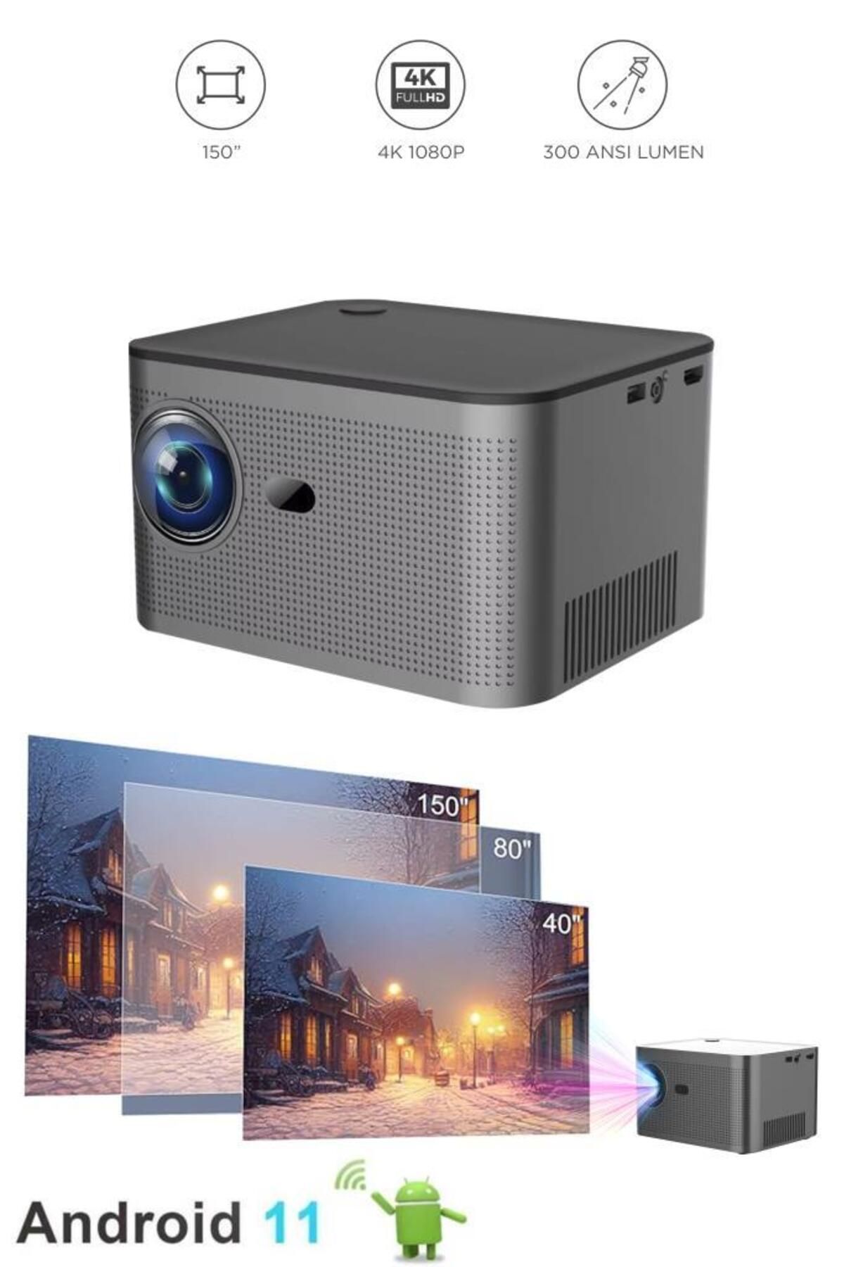 HY350 Gri Taşınabilir Sinema Projektörü 4K 1080P Ev Sineması Bluetooth Android Akıllı Projek