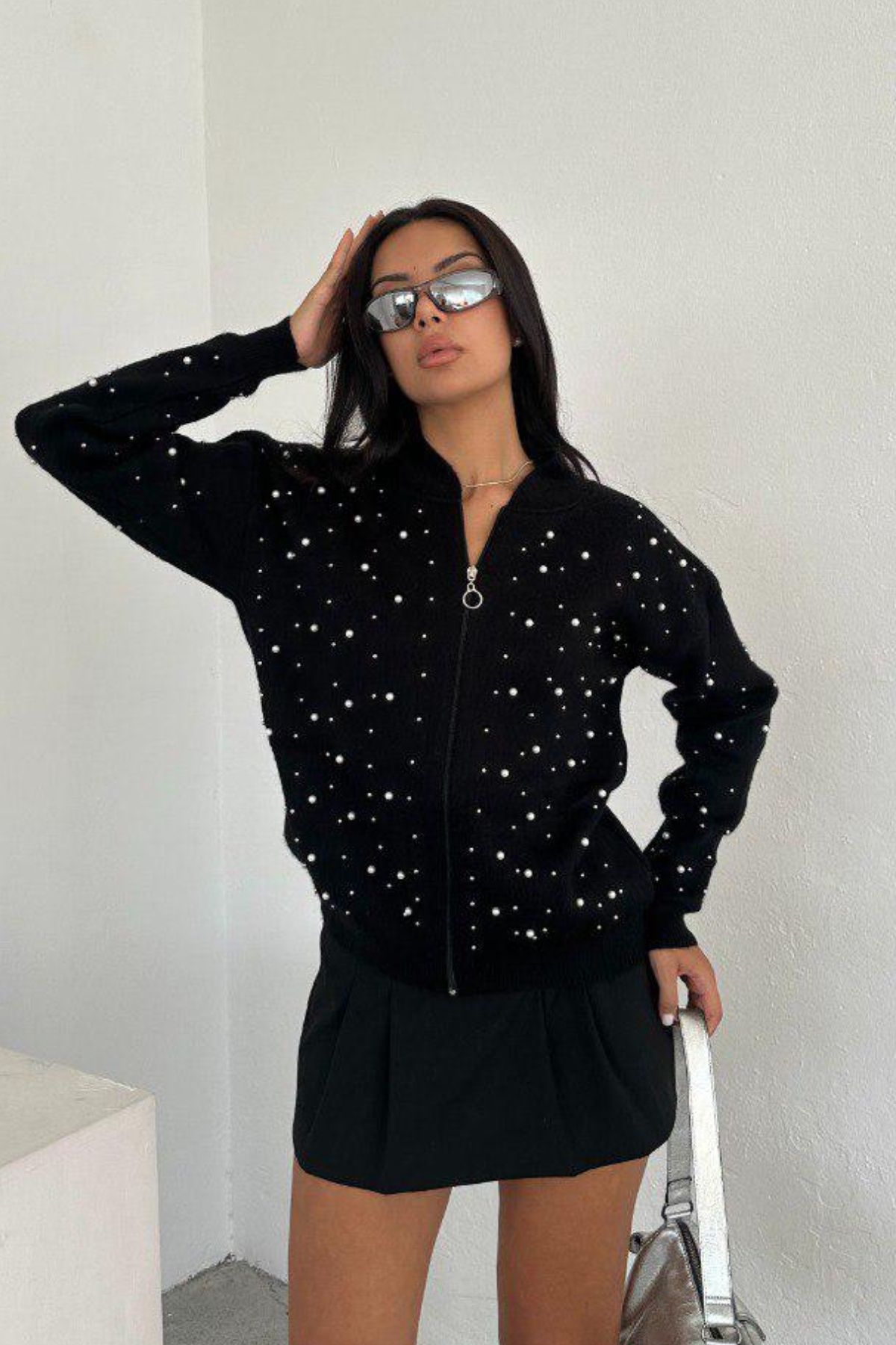 Ded COLLECTION-Cardigan de damă cu fermoar cu perle 3