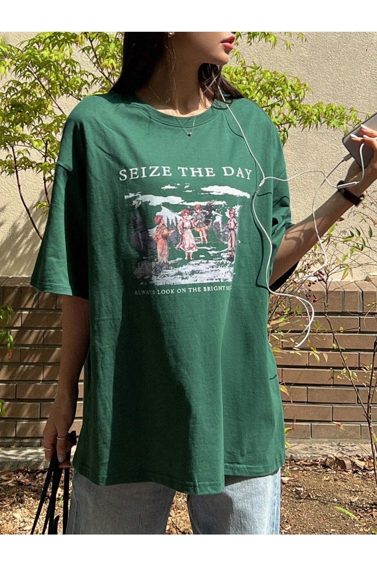 Know-Women's Navy Blue Seize The Day Printed Oversize T-shirt 5