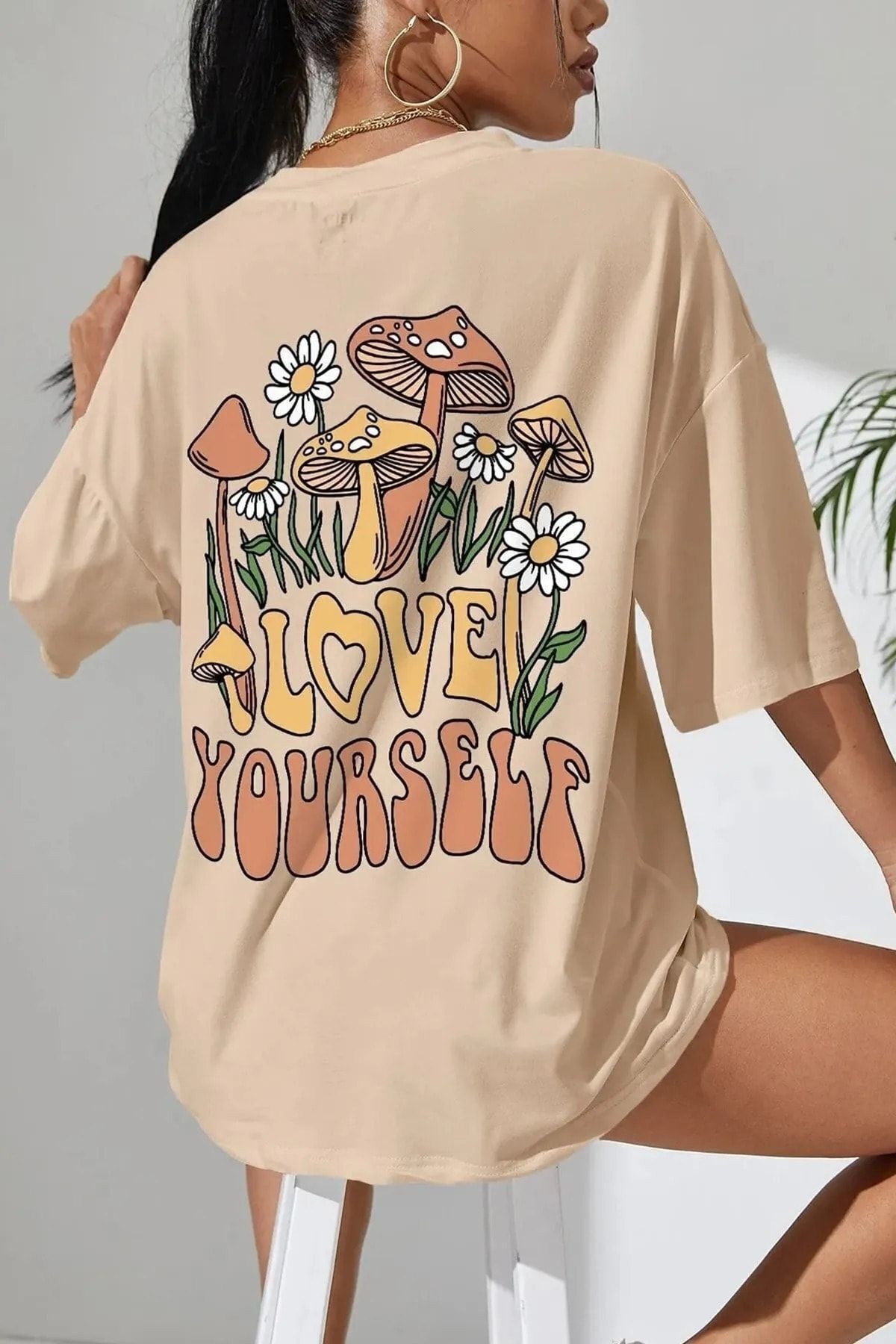 Know-Women's Beige Love Yourself Printed Oversize T-shirt 1