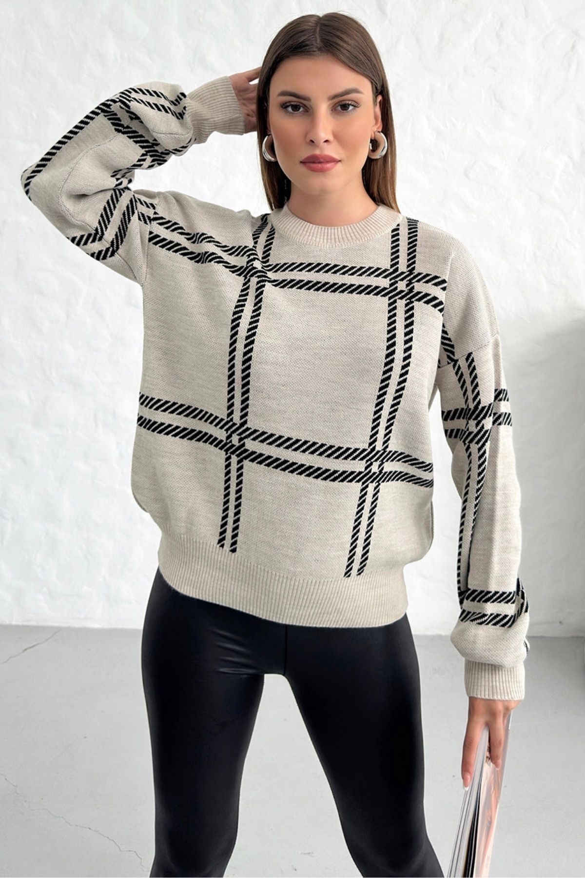 Know-Beiger Strickpullover mit Karomuster 3