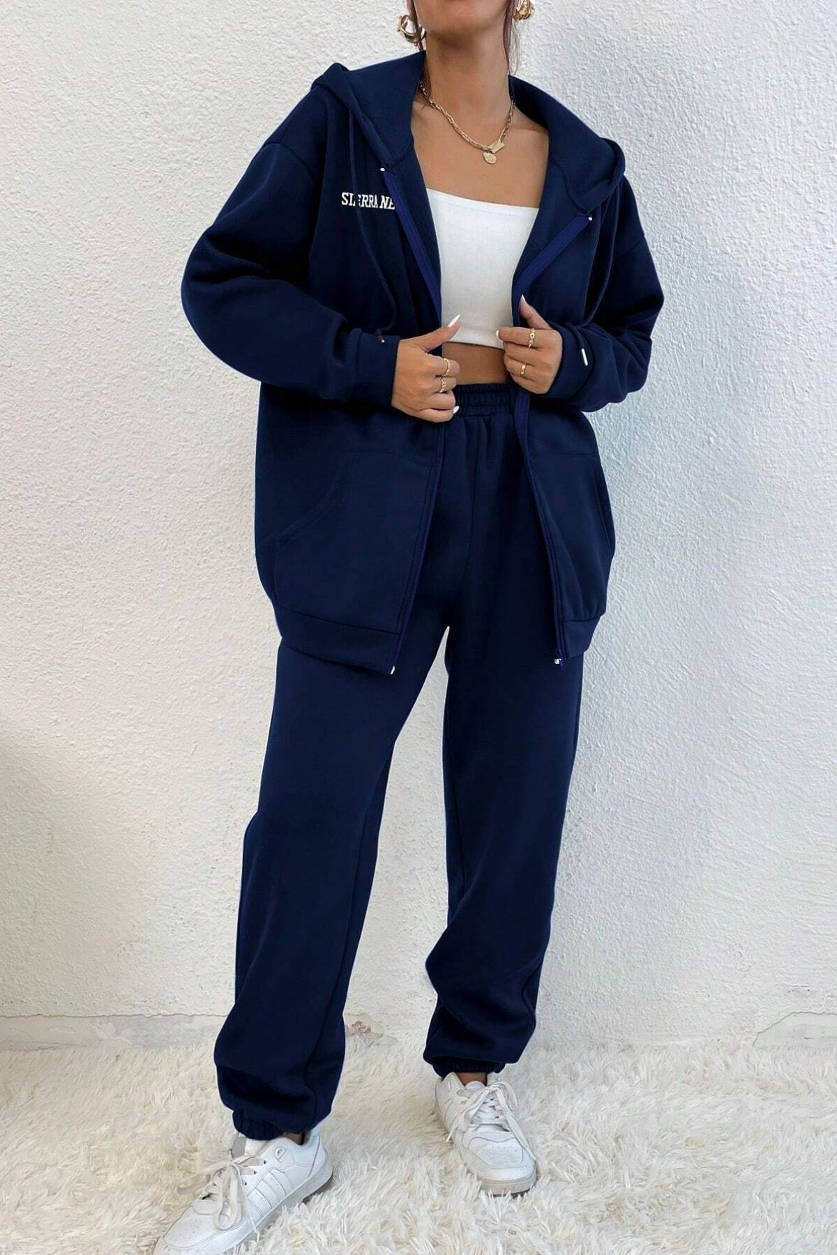 Know-Women's 3 Thread Navy Blue Sierra Printed Cardigan Jogger Oversize Tracksuit Set 3
