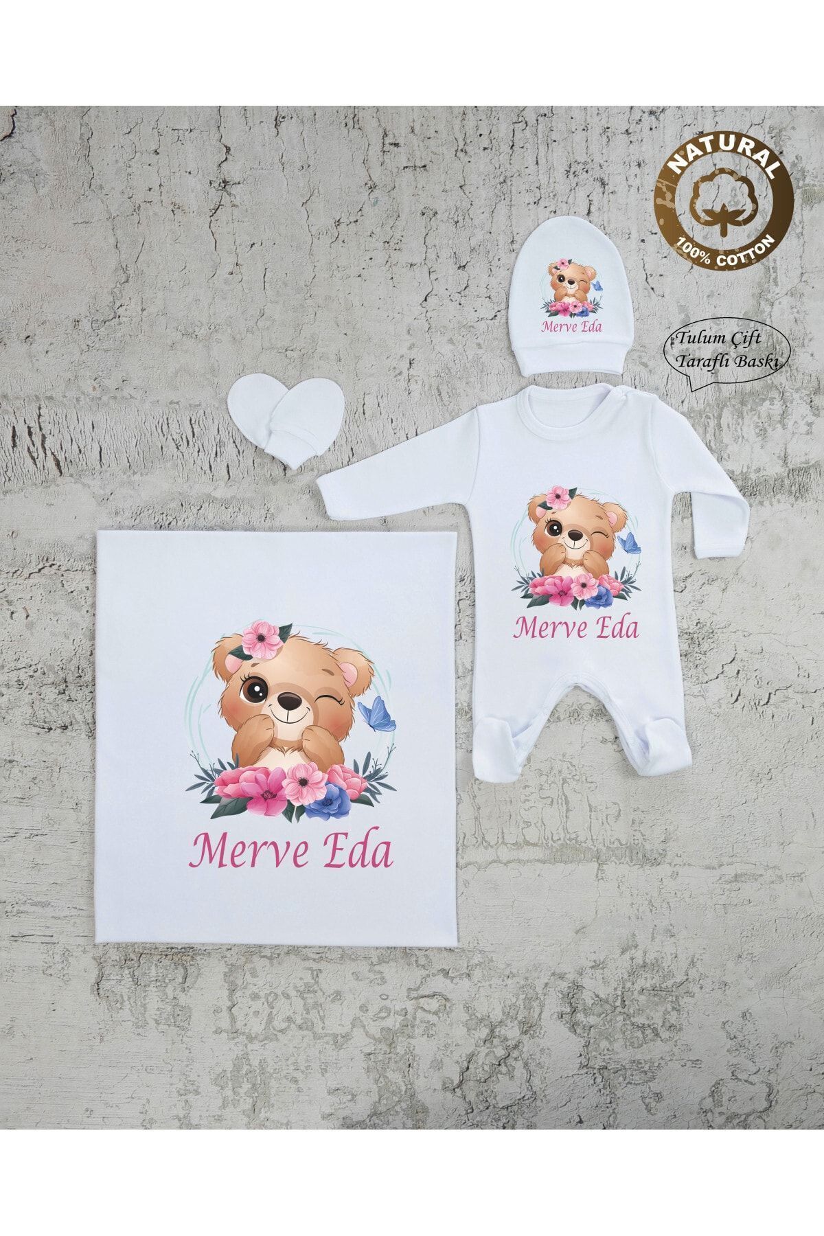 K98 Bt Custom Name Printed Baby Blanket Jumpsuit Hat Gloves Set Newborn Hospital Pack