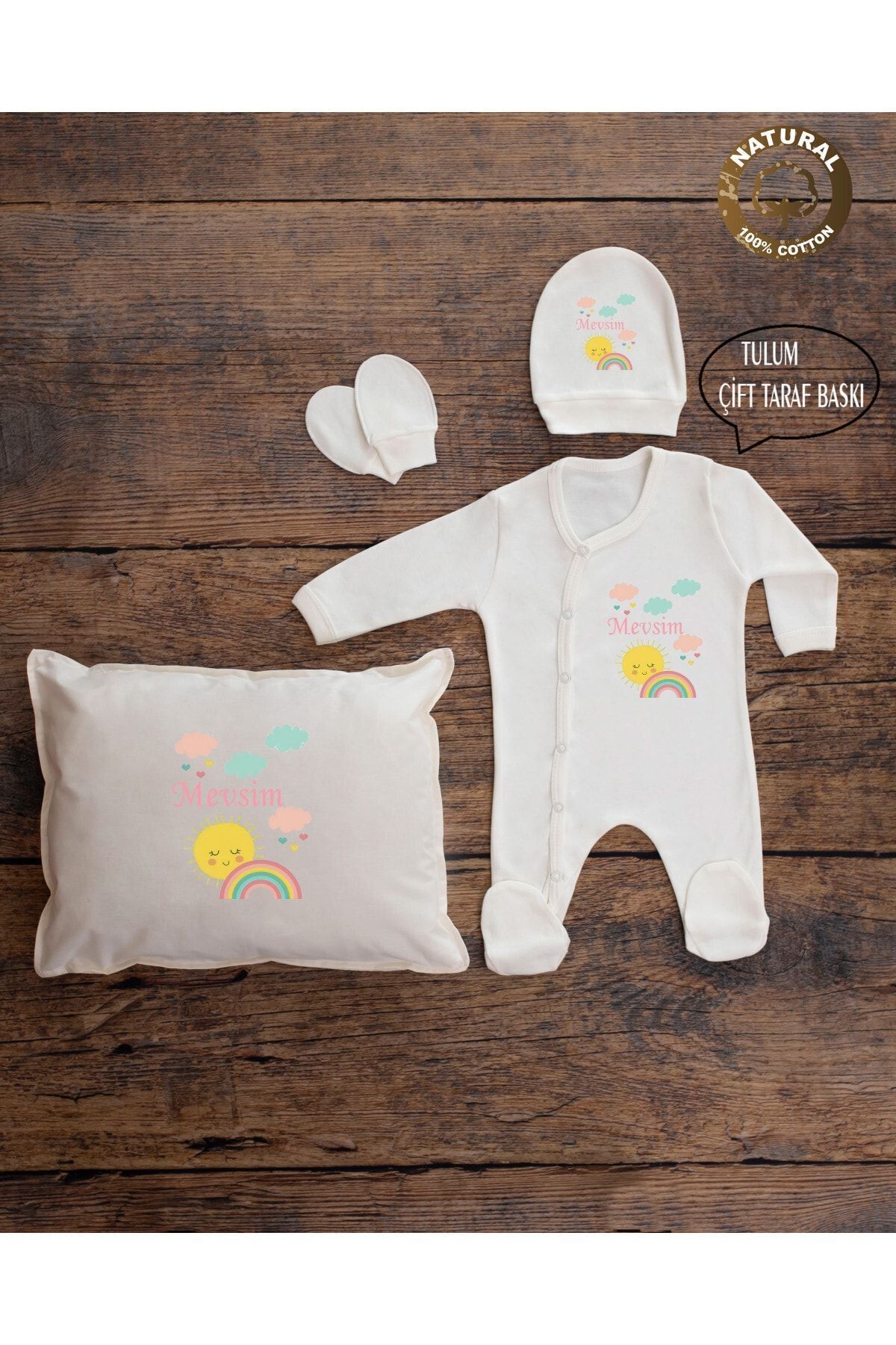 K79 Ty Ecru Color Custom Printed Baby Pillow Jumpsuit Hat Gloves Set Newborn Hospital