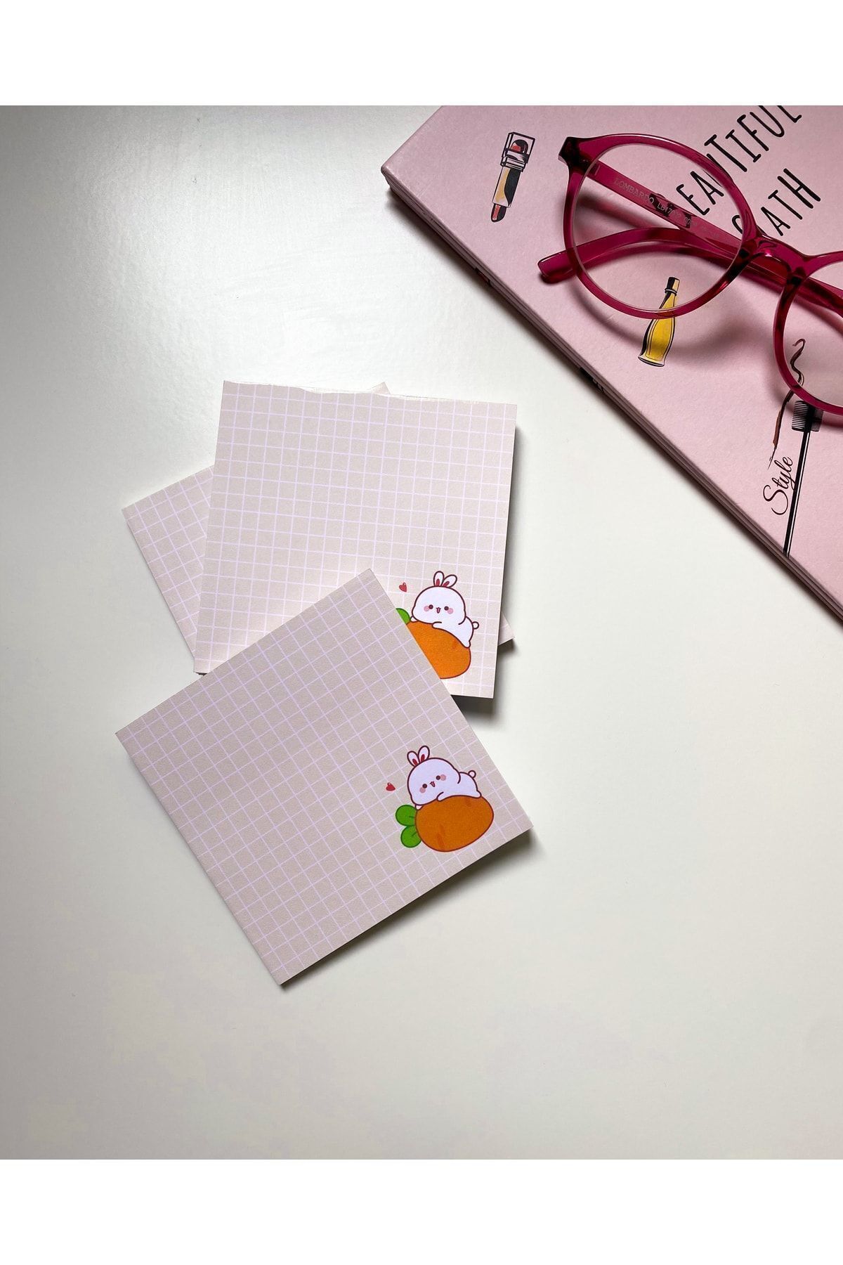 Pine Note-Set of 4 Checkered Rabbit Patterned Kawaii Memopad, Notepad, Memo Pad, Notebook, Planner 4