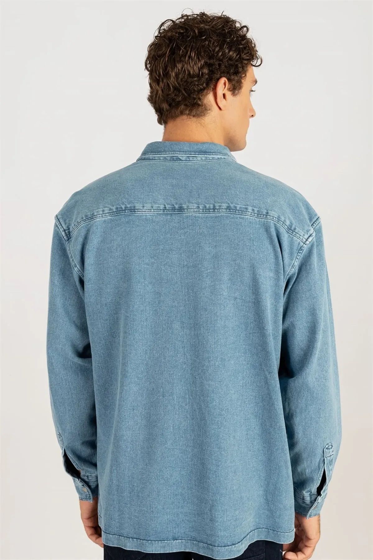 Erkek Oversize Geniş Kesim Denim Çift Cep Mavi Ceket Gömlek