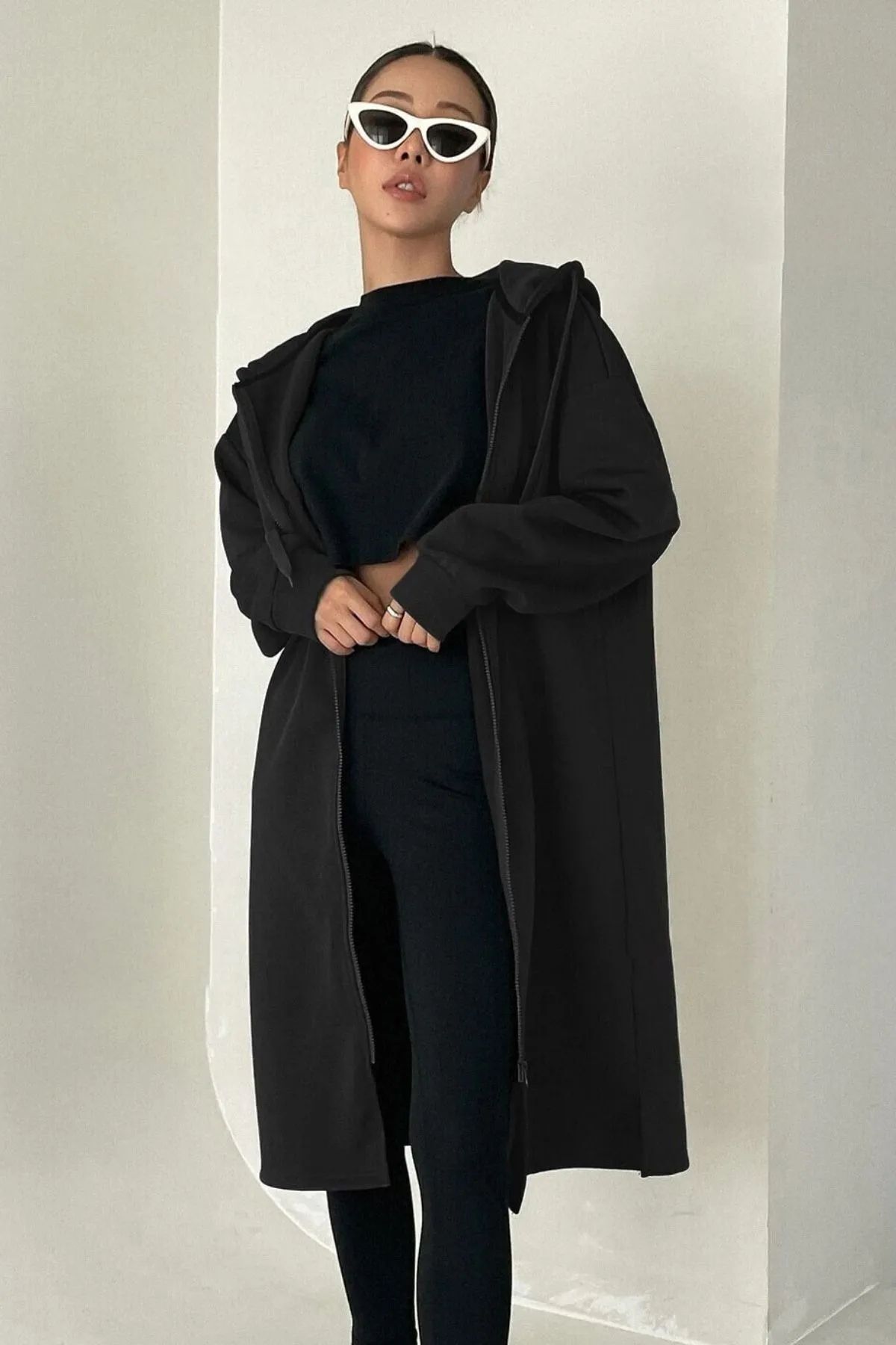 cardigan long à capuche sans poche pour femmes noir oversized