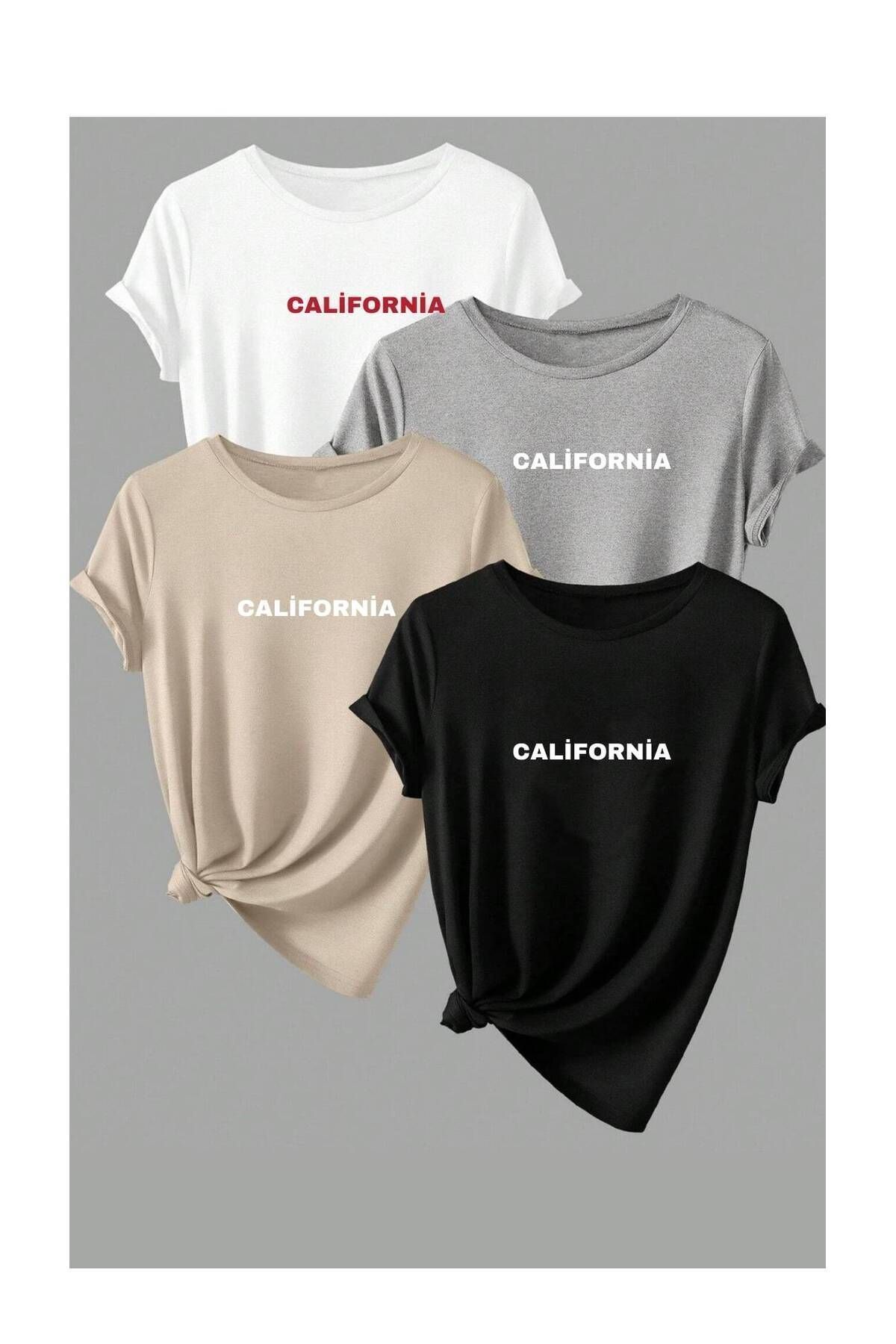 Trendseninle Tricou Oversize Unisex Cu Imprimeu California - Pachet De 4, Alb Gri Bej Negru Unisex - S